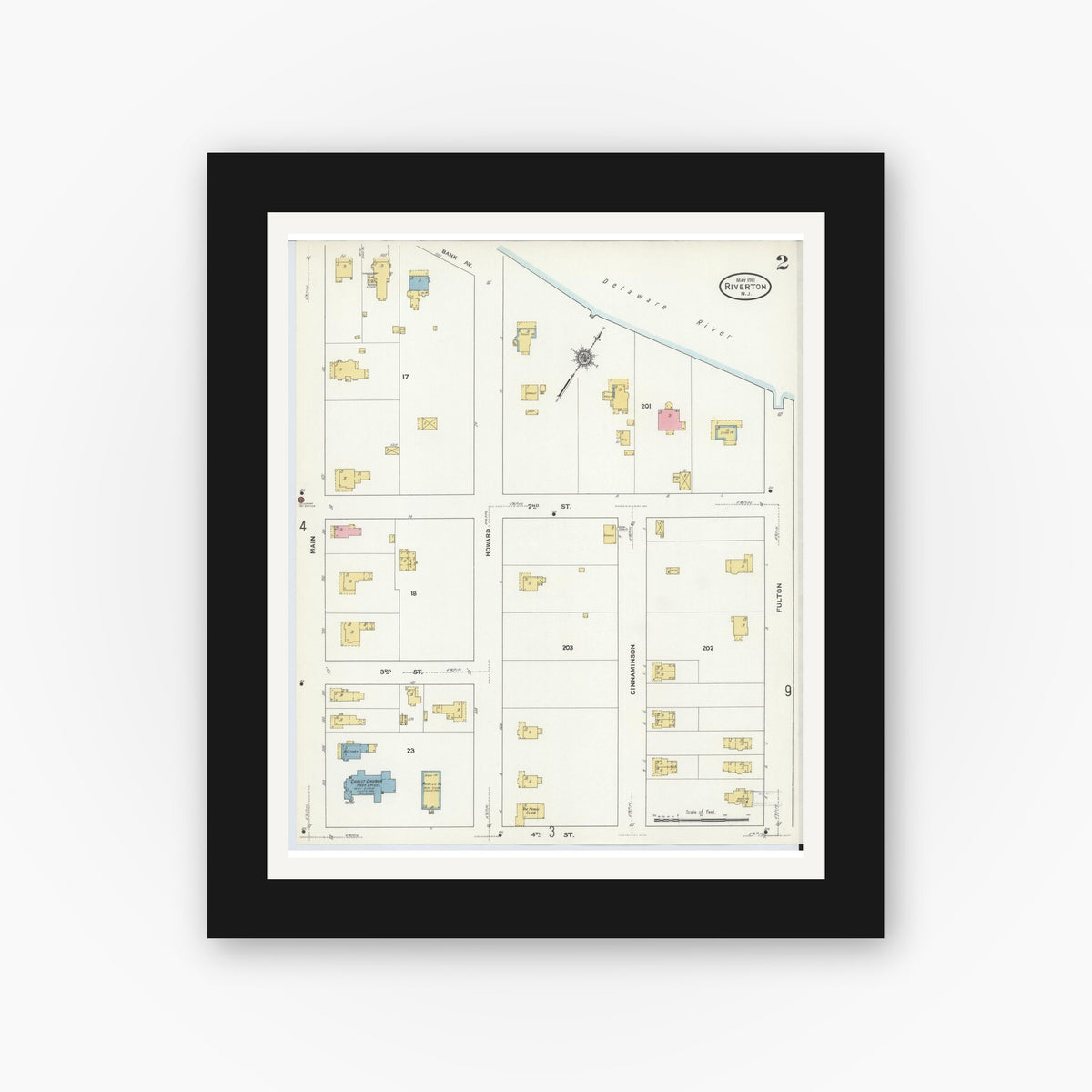 Old map wall art mockup — black gallery frame with white mat — Sanborn Fire Insurance Map from Riverton, Burlington County, New Jersey (1911), Sheet #0002
