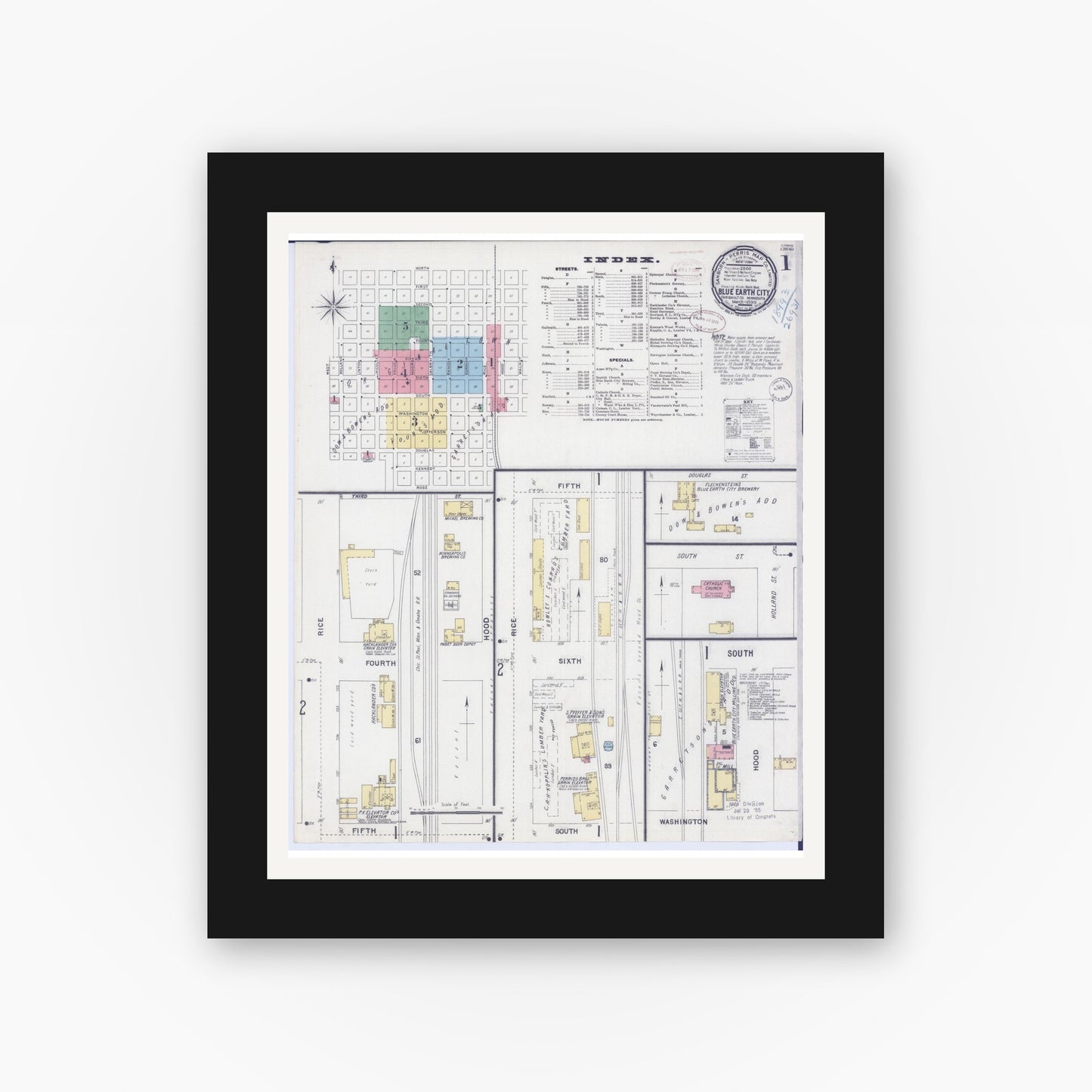 Old map wall art mockup — black gallery frame with white mat — Sanborn Fire Insurance Map from Blue Earth, Faribault County, Minnesota (1899), Sheet #0001