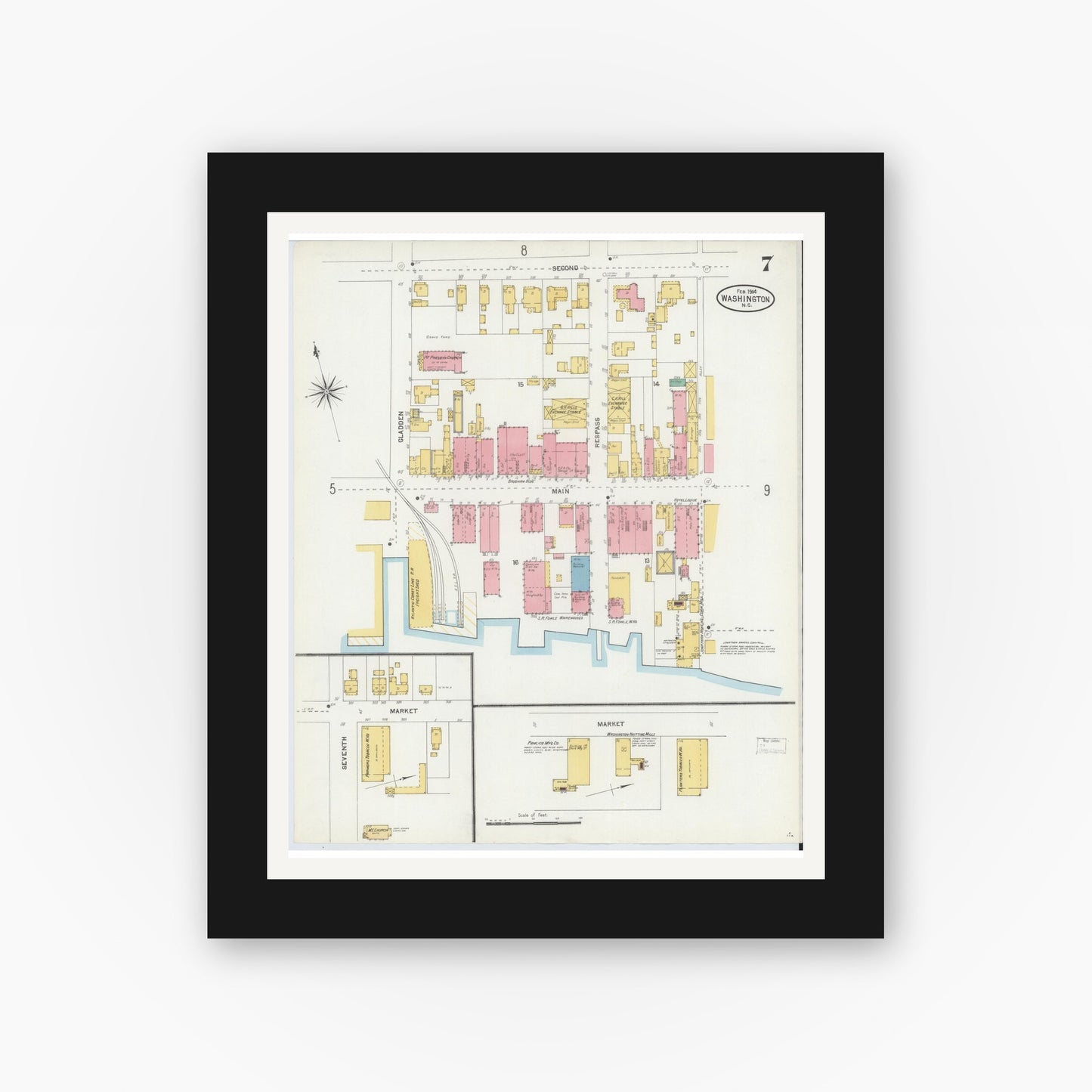 Old map wall art mockup — black gallery frame with white mat — Sanborn Fire Insurance Map from Washington, Beaufort County, North Carolina (1904), Sheet #0007