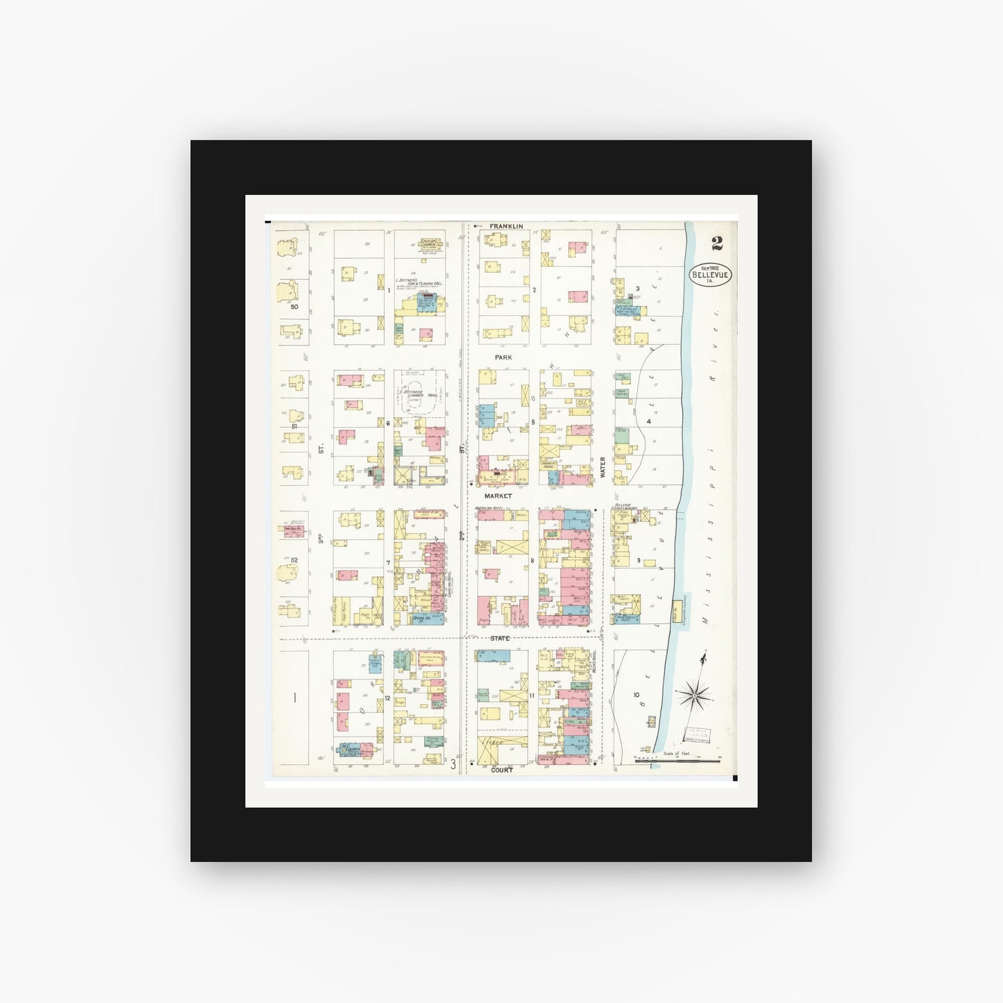 Old map wall art mockup — black gallery frame with white mat — Sanborn Fire Insurance Map from Bellevue, Jackson County, Iowa (1902), Sheet #0002