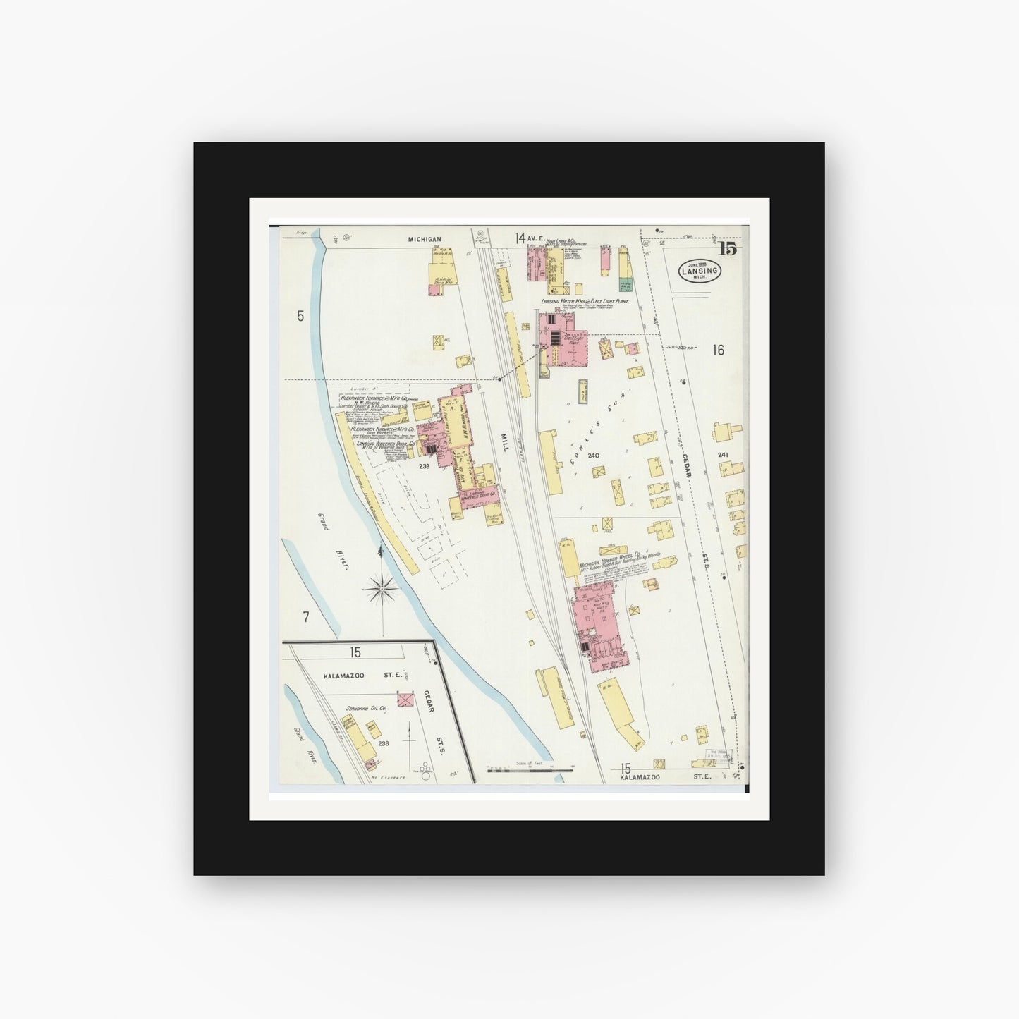 Old map wall art mockup — black gallery frame with white mat — Sanborn Fire Insurance Map from Lansing, Ingham County, Michigan (1898), Sheet #0015