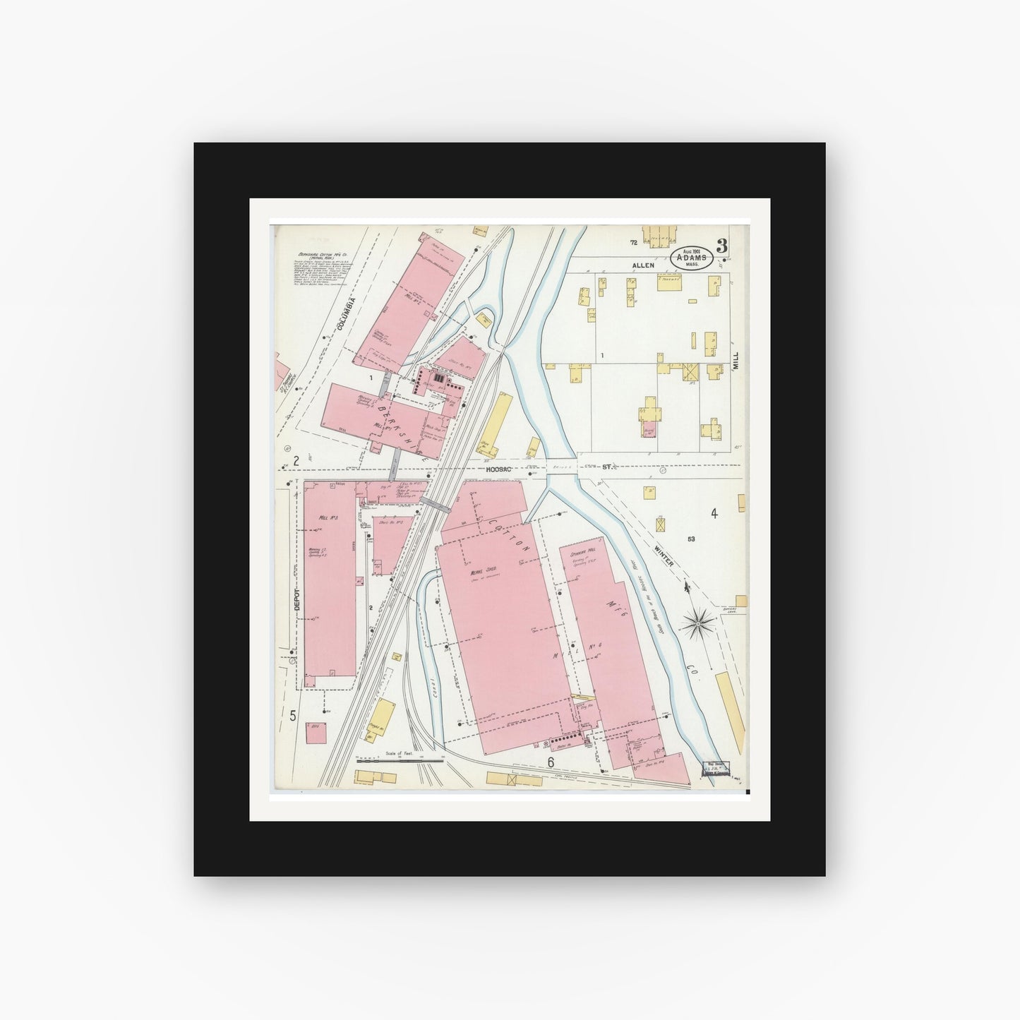 Old map wall art mockup — black gallery frame with white mat — Sanborn Fire Insurance Map from Adams, Berkshire County, Massachusetts (1901), Sheet #0003