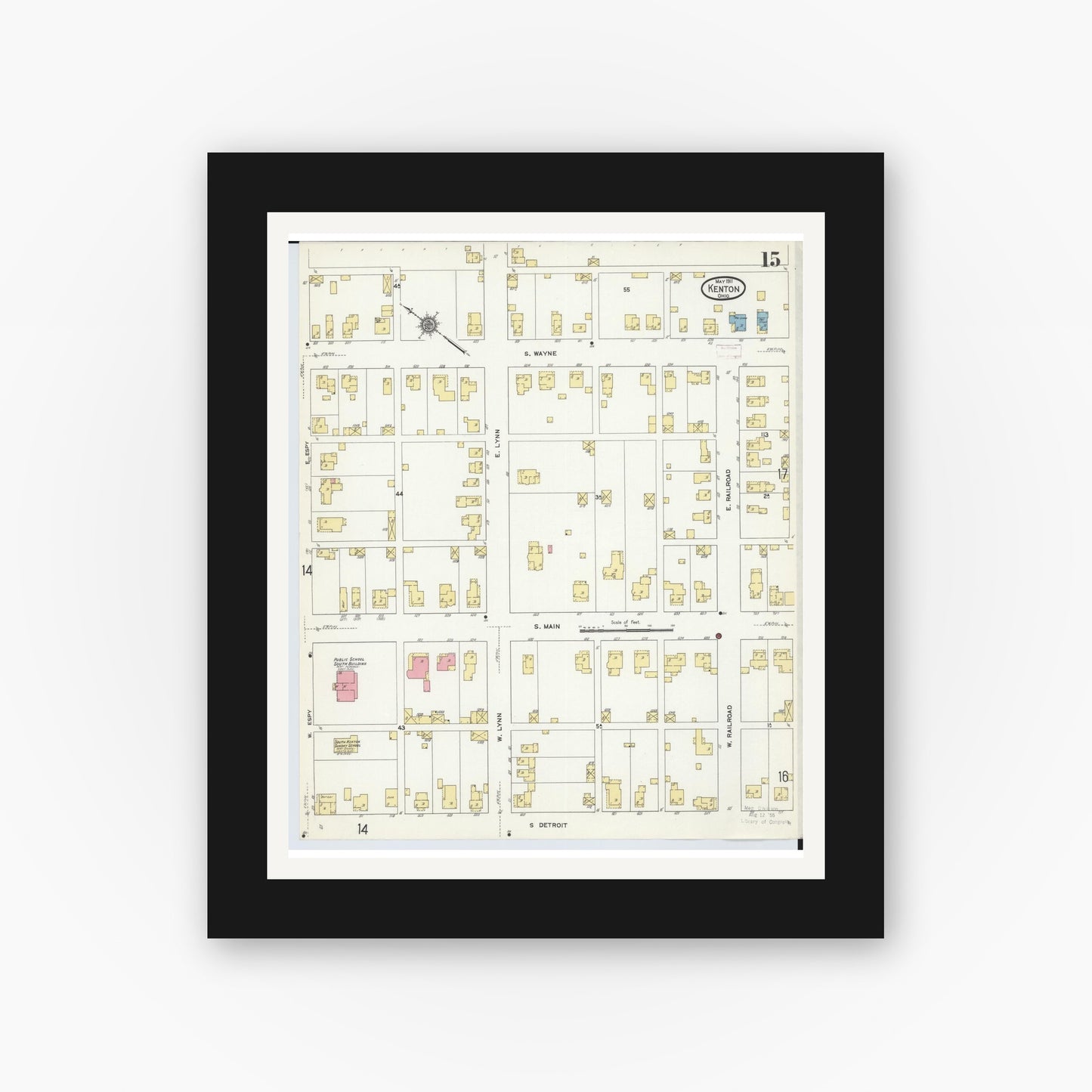 Old map wall art mockup — black gallery frame with white mat — Sanborn Fire Insurance Map from Kenton, Hardin County, Ohio (1911), Sheet #0015