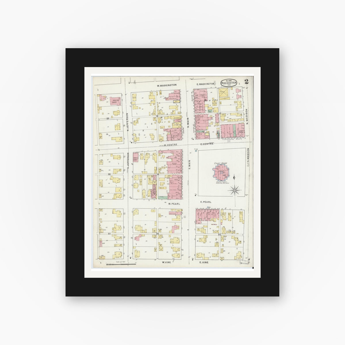 Old map wall art mockup — black gallery frame with white mat — Sanborn Fire Insurance Map from Rochester, Fulton County, Indiana (1895), Sheet #0002
