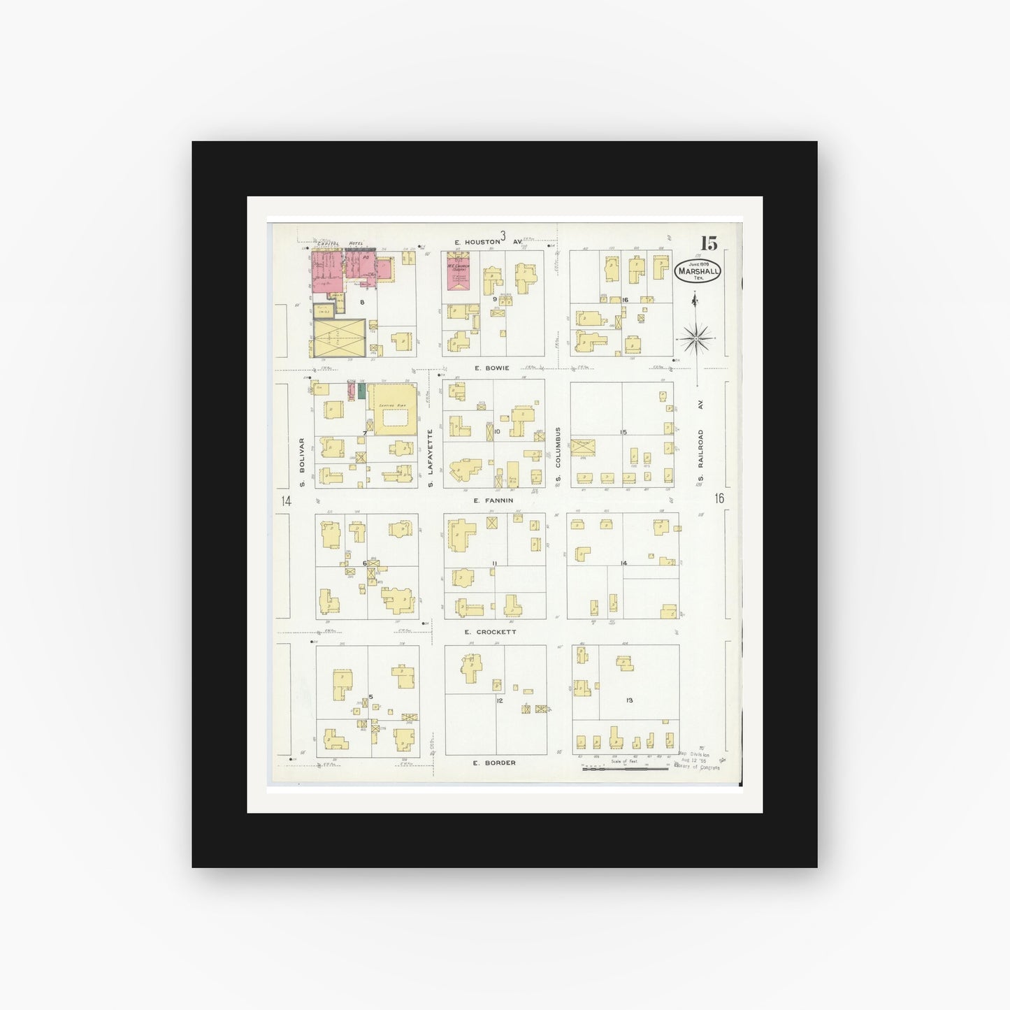 Old map wall art mockup — black gallery frame with white mat — Sanborn Fire Insurance Map from Marshall, Harrison County, Texas (1909), Sheet #0015