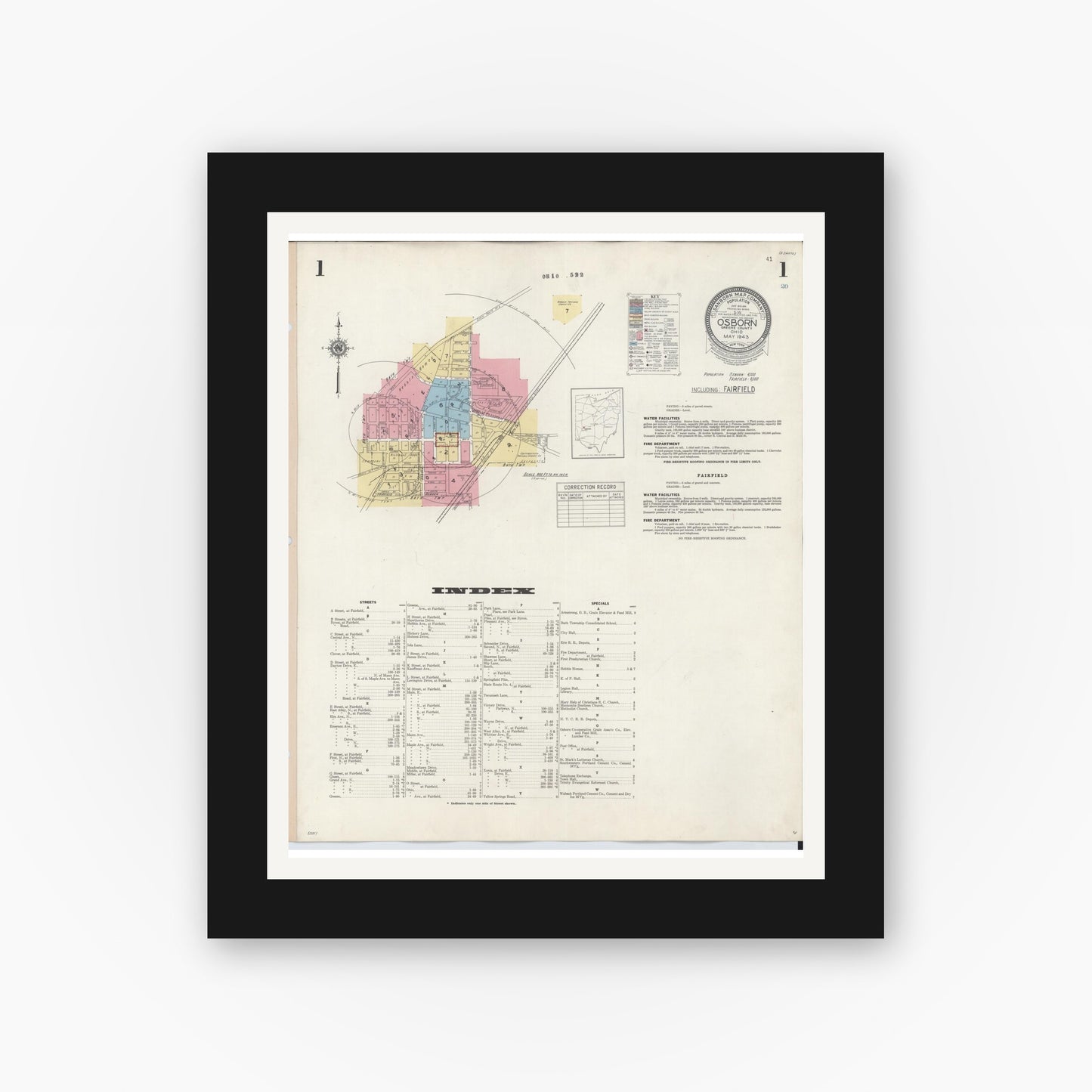 Old map wall art mockup — black gallery frame with white mat — Sanborn Fire Insurance Map from Osborn, Greene County, Ohio (1943), Sheet #0001