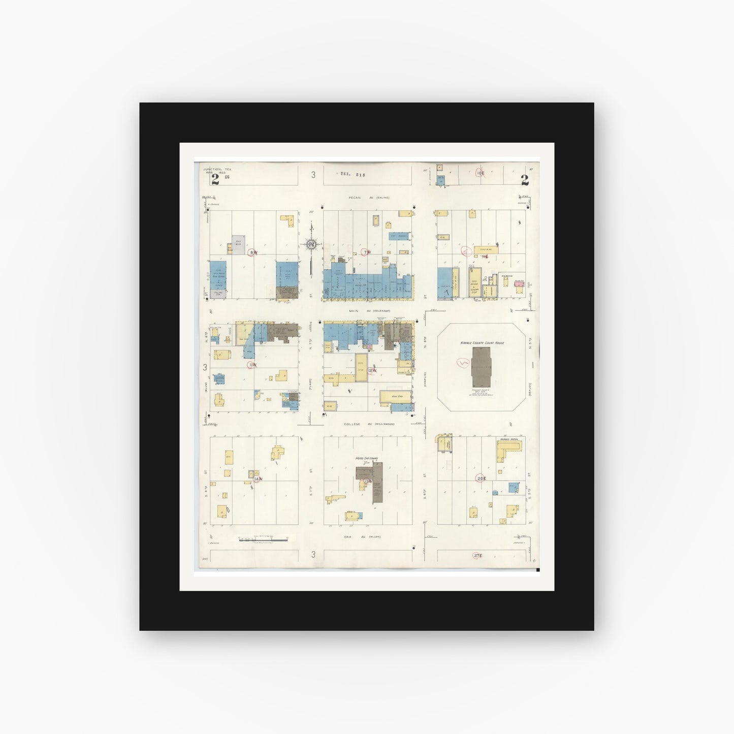 Old map wall art mockup — black gallery frame with white mat — Sanborn Fire Insurance Map from Junction, Kimble County, Texas (1942), Sheet #0002