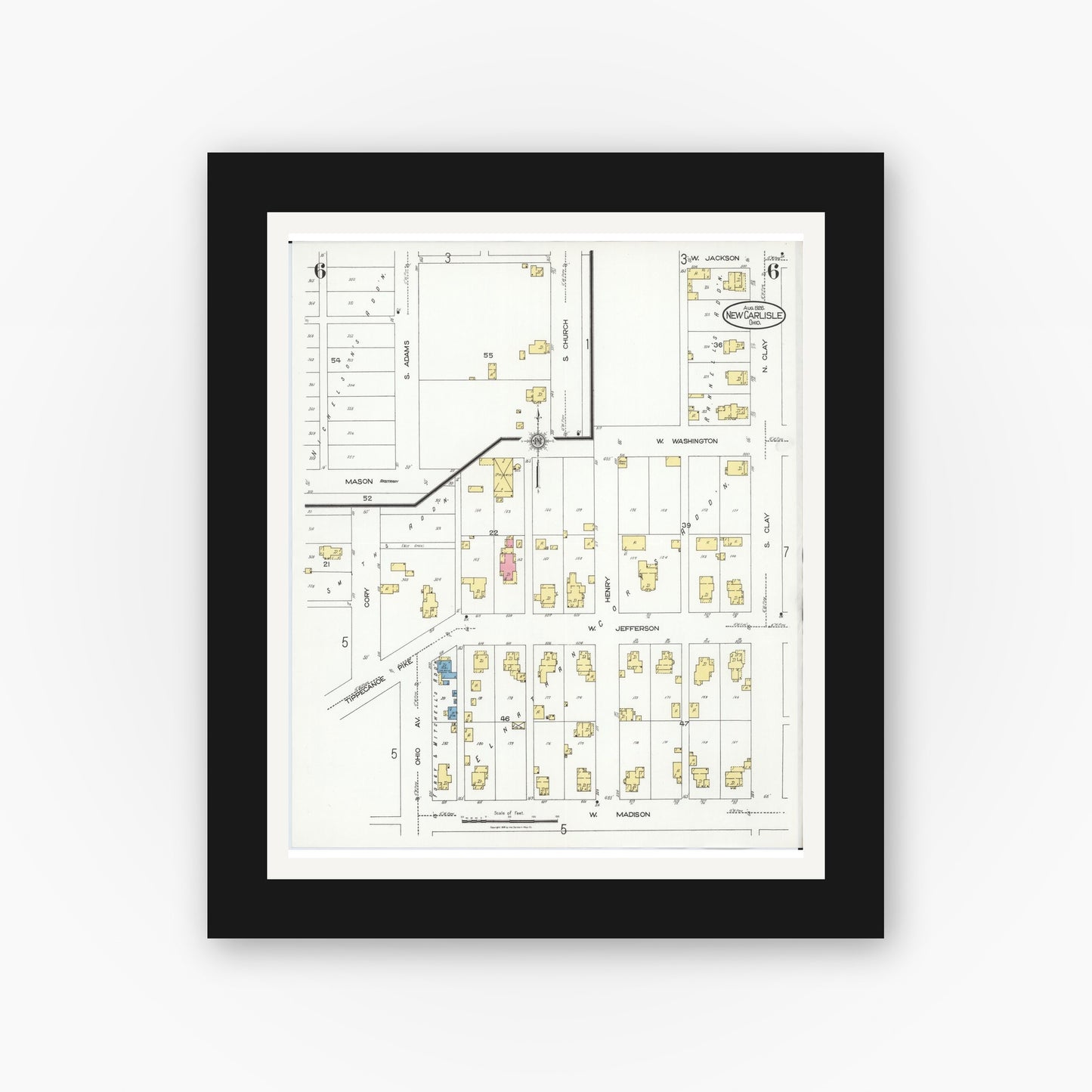 Old map wall art mockup — black gallery frame with white mat — Sanborn Fire Insurance Map from New Carlisle, Clarke County, Ohio (1926), Sheet #0006