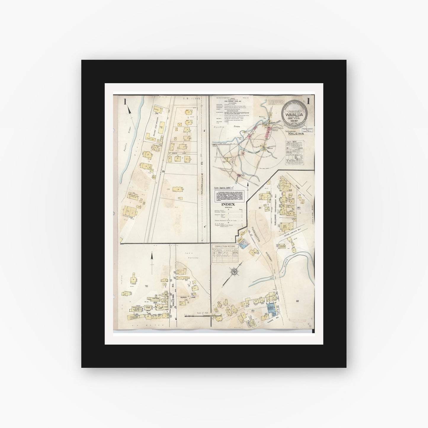 Old map wall art mockup — black gallery frame with white mat — Sanborn Fire Insurance Map from Waialua, Honolulu County, Hawaii (1957), Sheet #0001