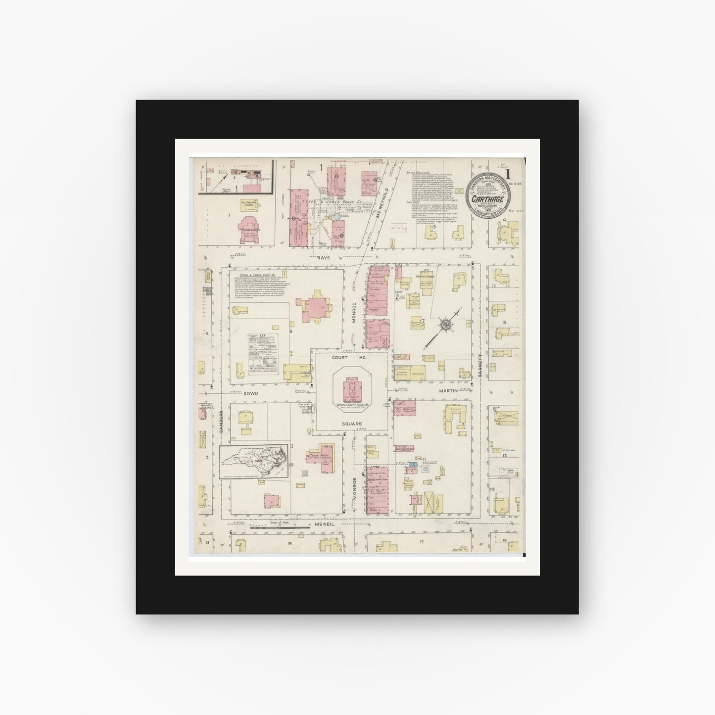 Old map wall art mockup — black gallery frame with white mat — Sanborn Fire Insurance Map from Carthage, Moore County, North Carolina (1915) - Complete Map Set