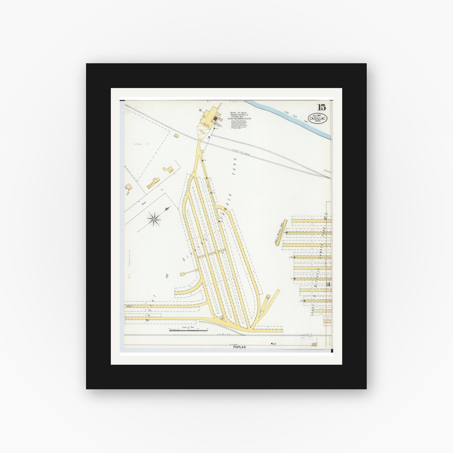Old map wall art mockup — black gallery frame with white mat — Sanborn Fire Insurance Map from Cadillac, Wexford County, Michigan (1900), Sheet #0015