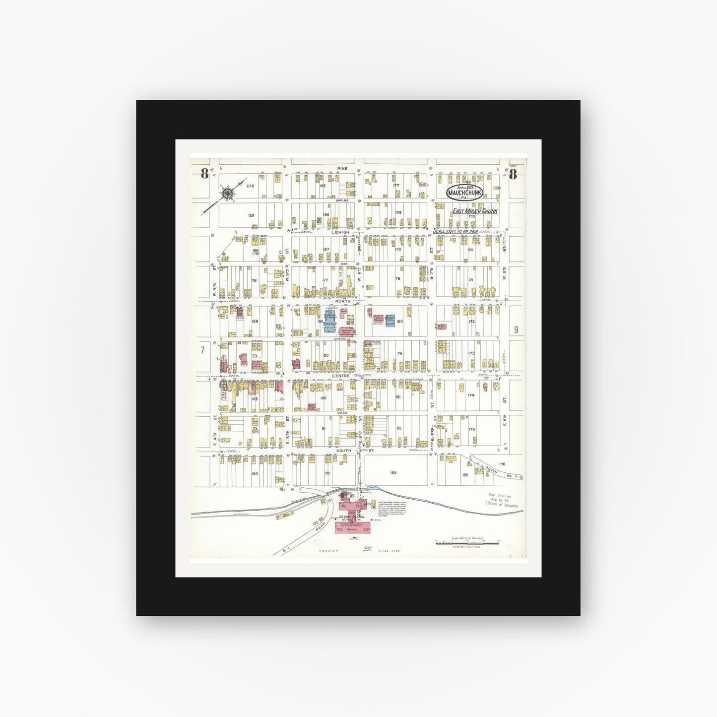 Old map wall art mockup — black gallery frame with white mat — Sanborn Fire Insurance Map from Mauch Chunk, Carbon County, Pennsylvania (1923), Sheet #0008