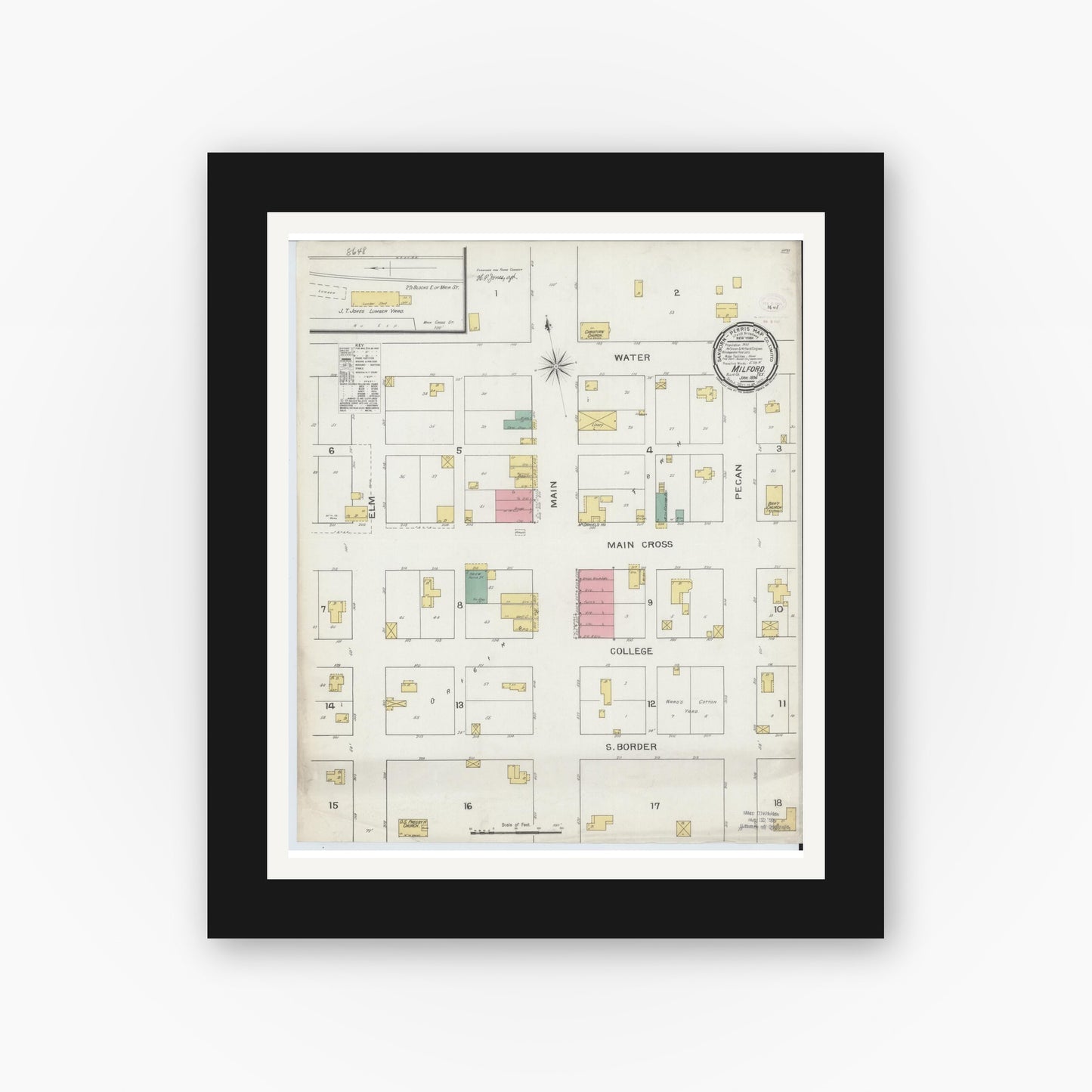 Old map wall art mockup — black gallery frame with white mat — Sanborn Fire Insurance Map from Milford, Ellis County, Texas (1894), Sheet #0001