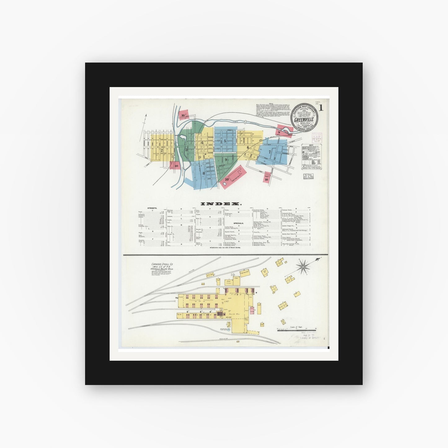 Old map wall art mockup — black gallery frame with white mat — Sanborn Fire Insurance Map from Greenville, Mercer County, Pennsylvania (1904), Sheet #0001