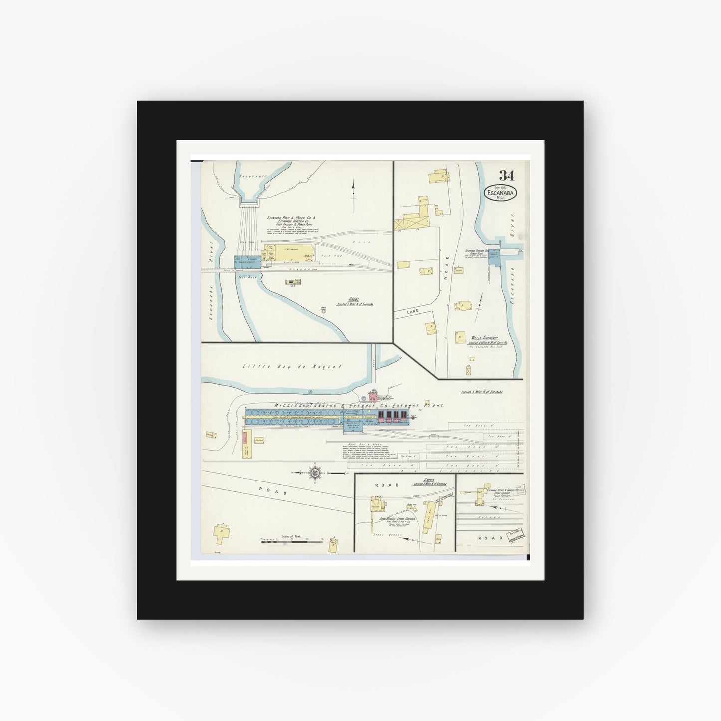 Old map wall art mockup — black gallery frame with white mat — Sanborn Fire Insurance Map from Escanaba, Delta County, Michigan (1913), Sheet #0034