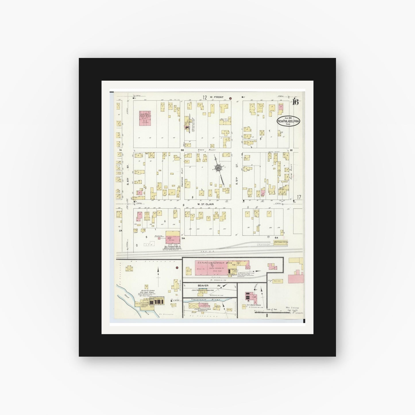 Old map wall art mockup — black gallery frame with white mat — Sanborn Fire Insurance Map from New Philadelphia, Tuscarawas County, Ohio (1910), Sheet #0016