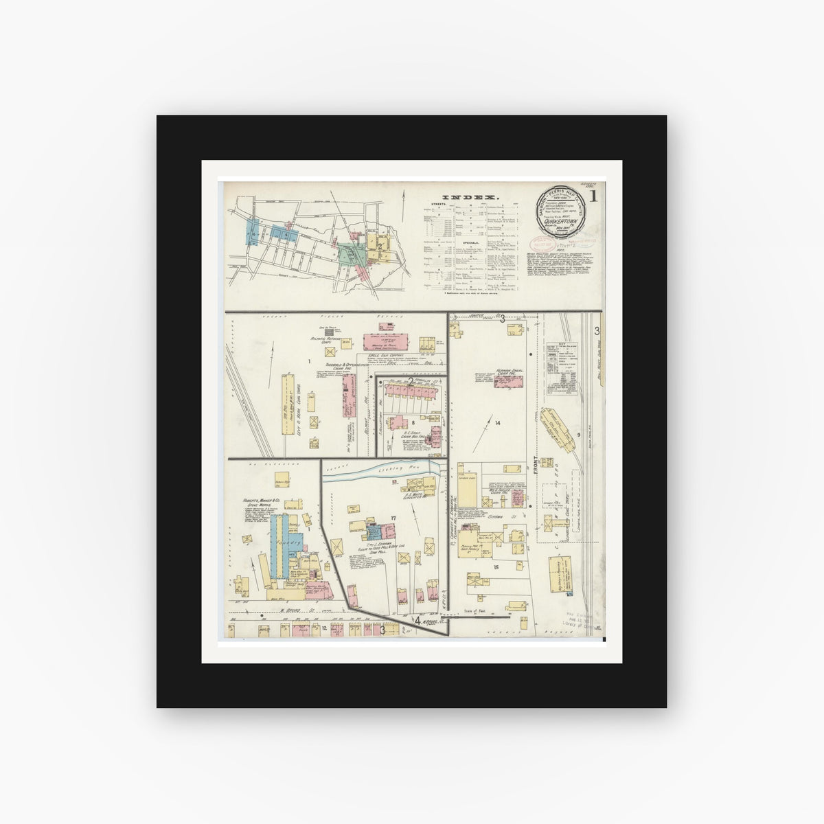 Old map wall art mockup — black gallery frame with white mat — Sanborn Fire Insurance Map from Quakertown, Bucks County, Pennsylvania (1897) - Complete Map Set