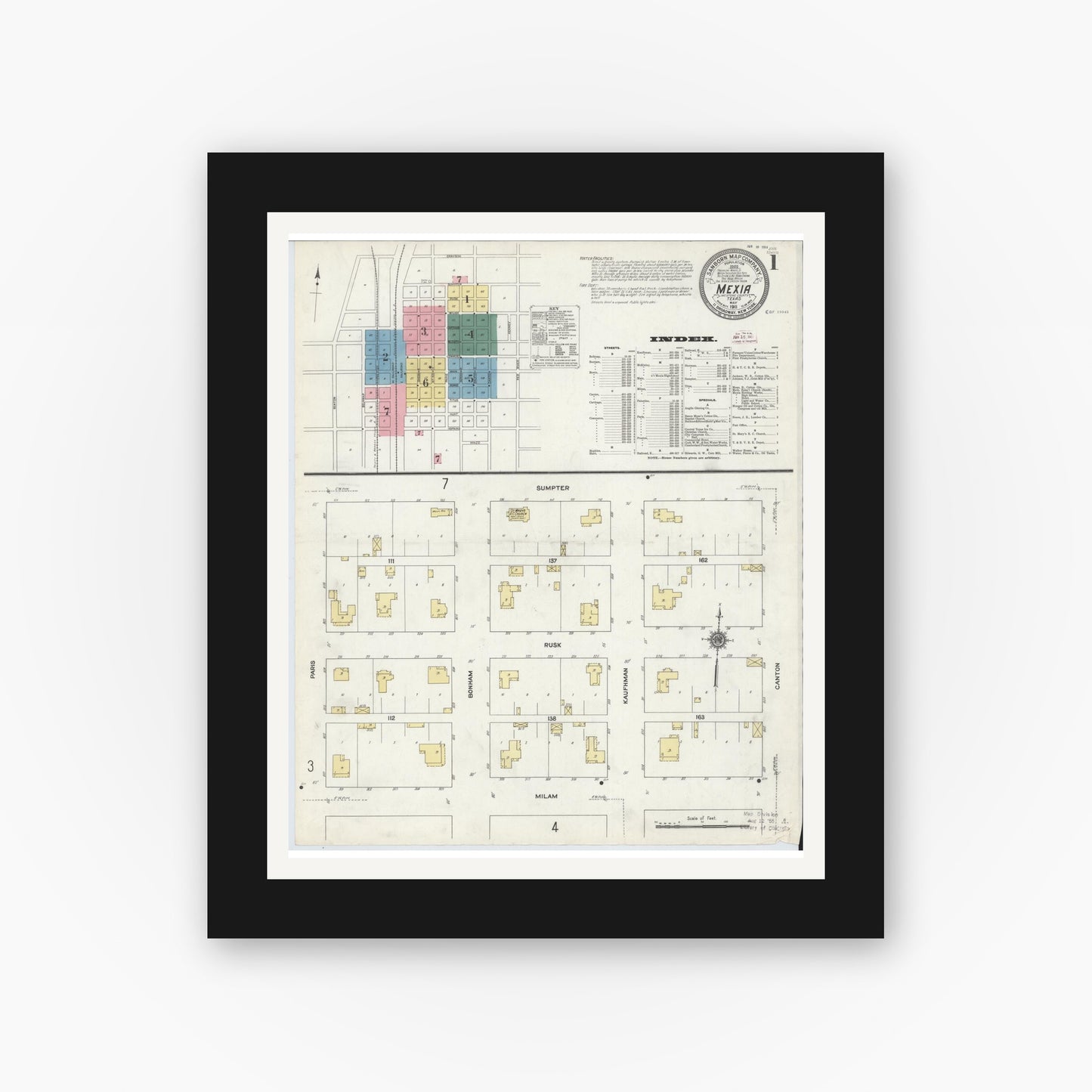 Old map wall art mockup — black gallery frame with white mat — Sanborn Fire Insurance Map from Mexia, Limestone County, Texas (1911), Sheet #0001
