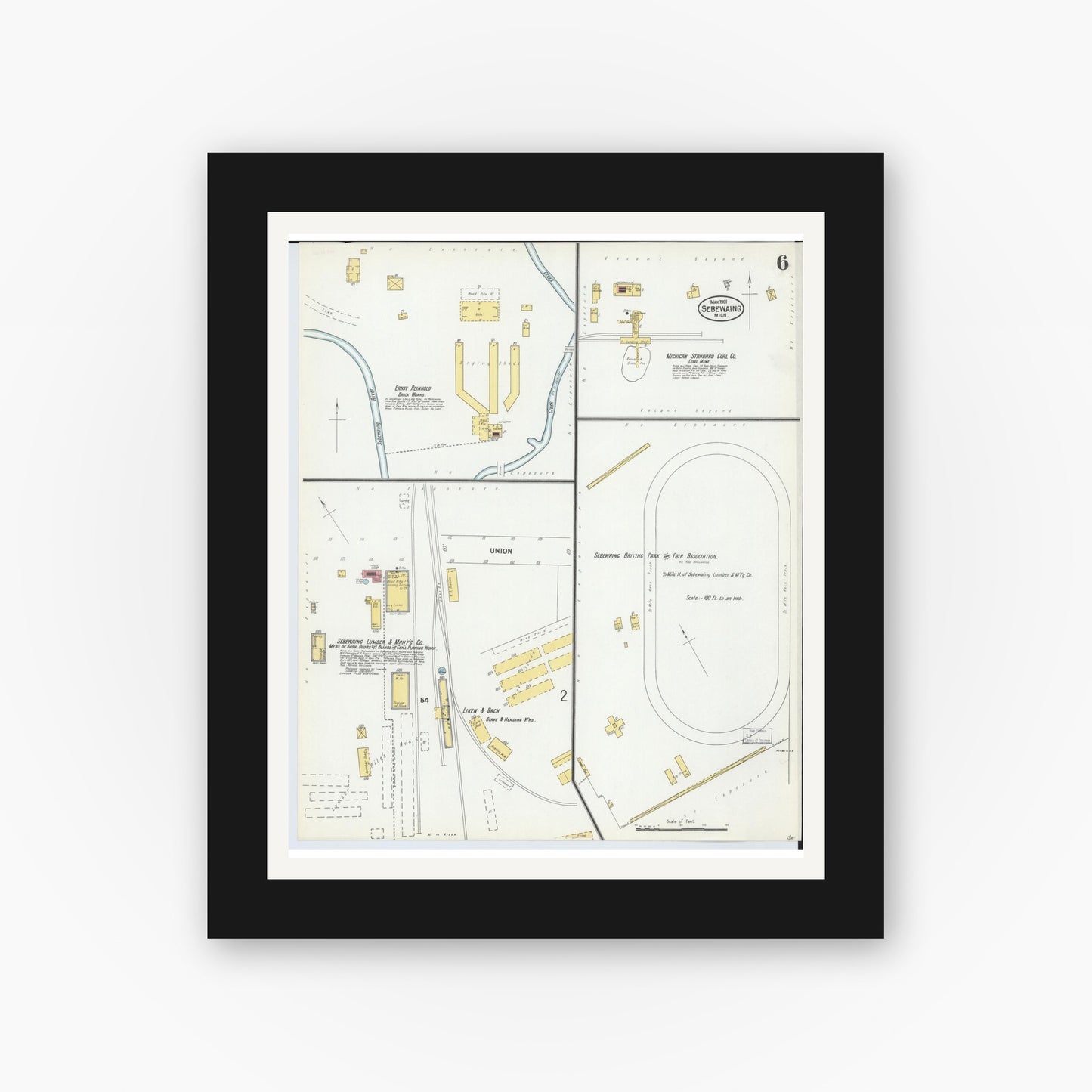 Old map wall art mockup — black gallery frame with white mat — Sanborn Fire Insurance Map from Sebewaing, Huron County, Michigan (1901), Sheet #0006