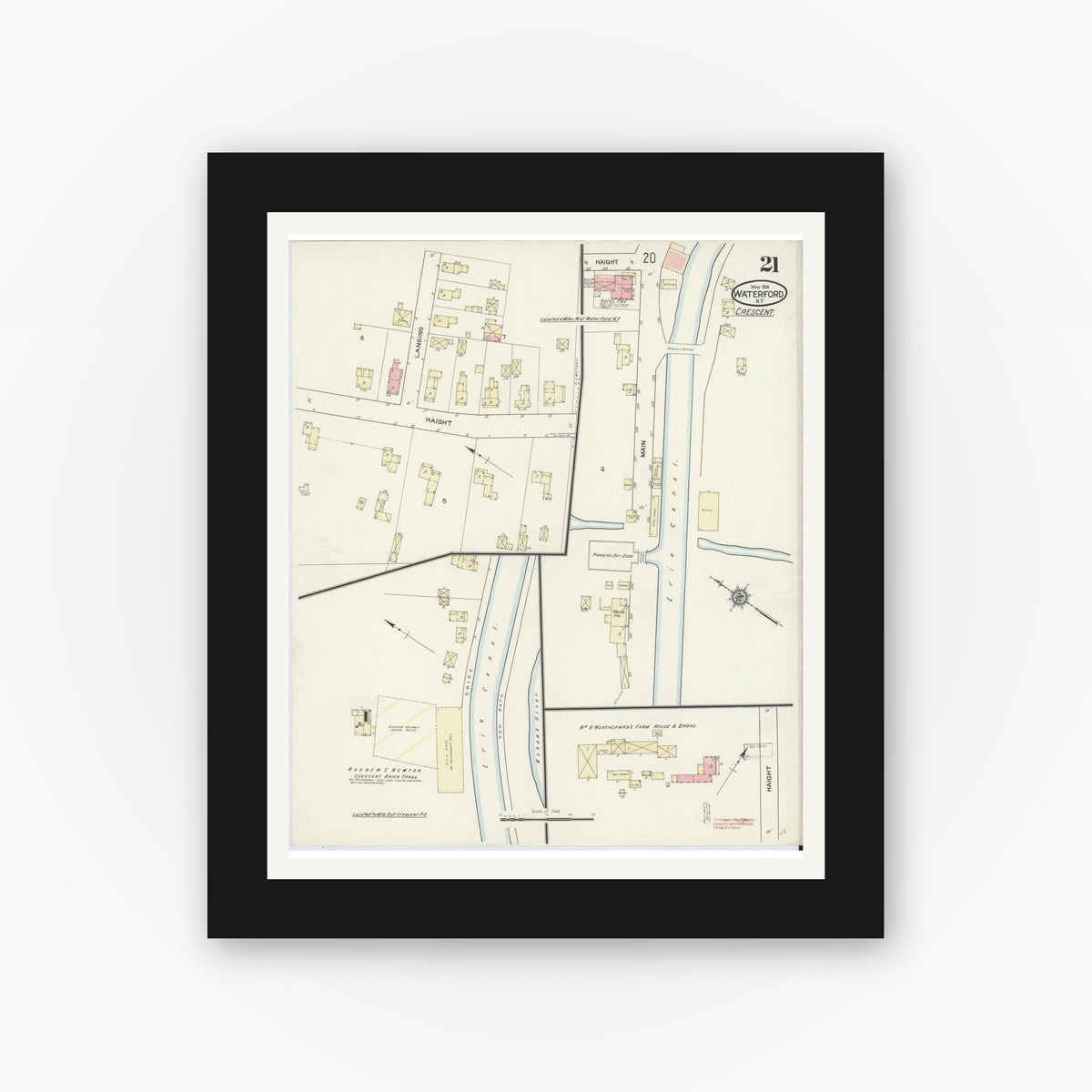 Old map wall art mockup — black gallery frame with white mat — Sanborn Fire Insurance Map from Waterford, Saratoga County, New York (1914), Sheet #0021