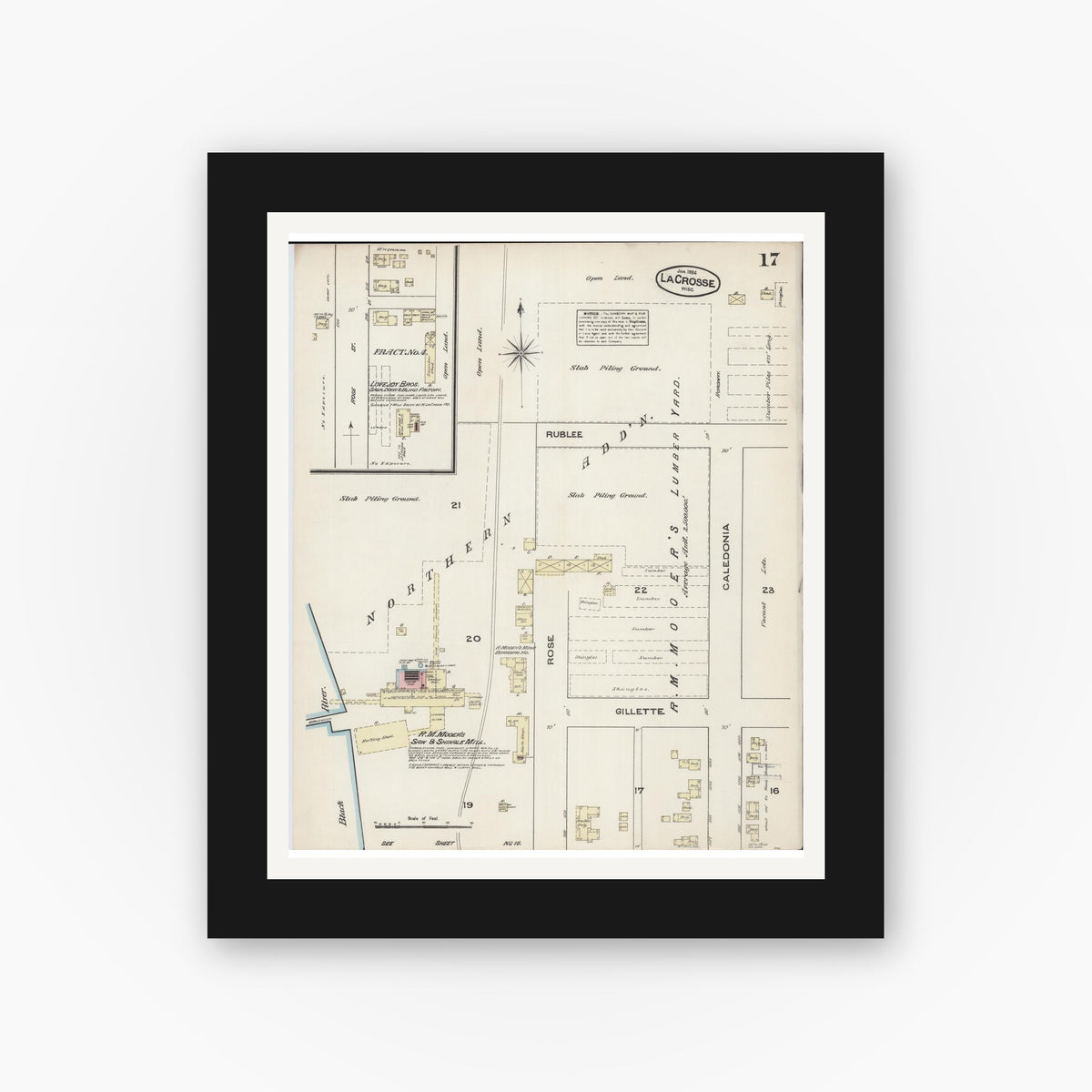 Old map wall art mockup — black gallery frame with white mat — Sanborn Fire Insurance Map from La Crosse, La Crosse County, Wisconsin (1884), Sheet #0017