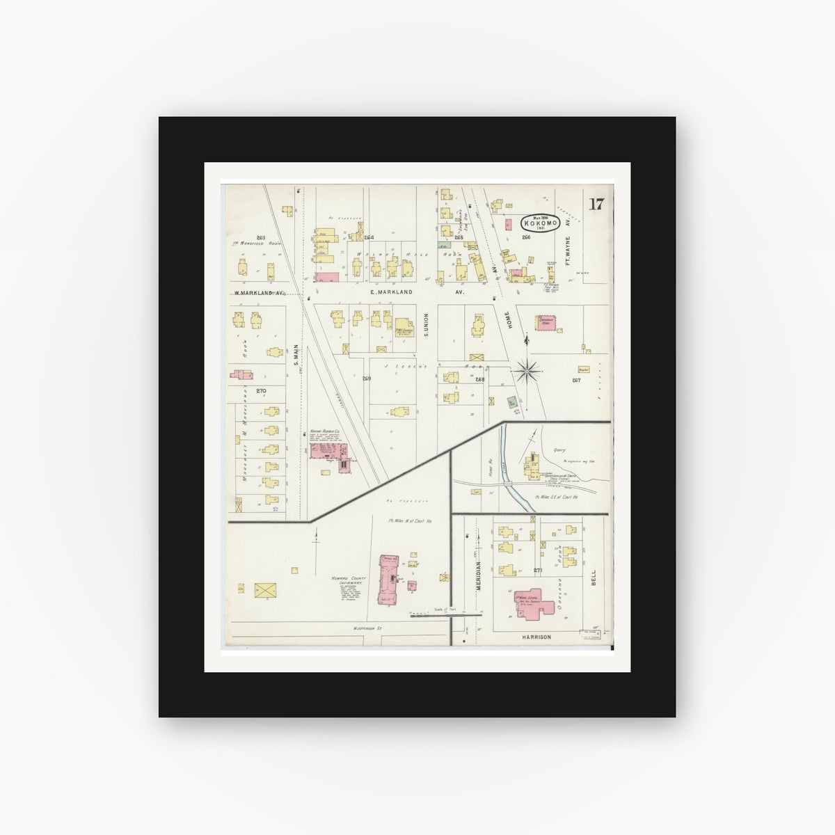 Old map wall art mockup — black gallery frame with white mat — Sanborn Fire Insurance Map from Kokomo, Howard County, Indiana (1896), Sheet #0017