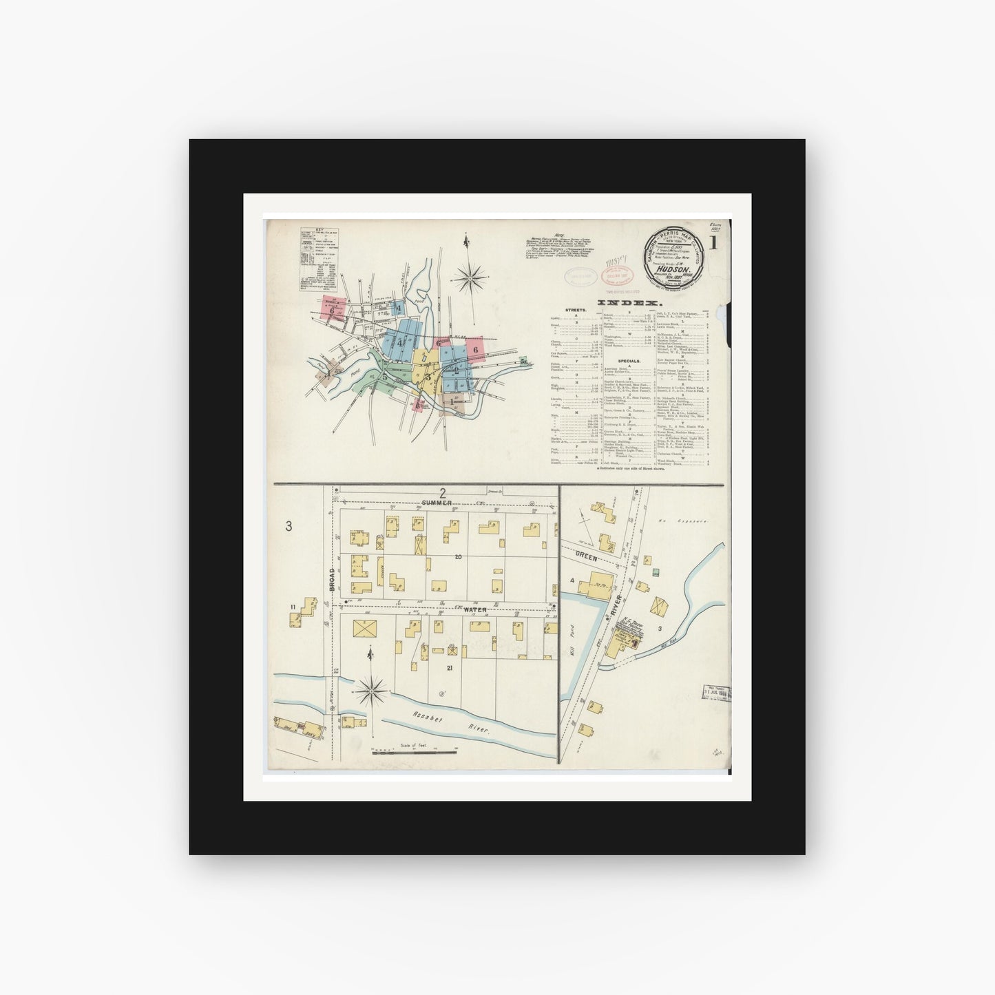 Old map wall art mockup — black gallery frame with white mat — Sanborn Fire Insurance Map from Hudson, Middlesex County, Massachusetts (1897), Sheet #0001