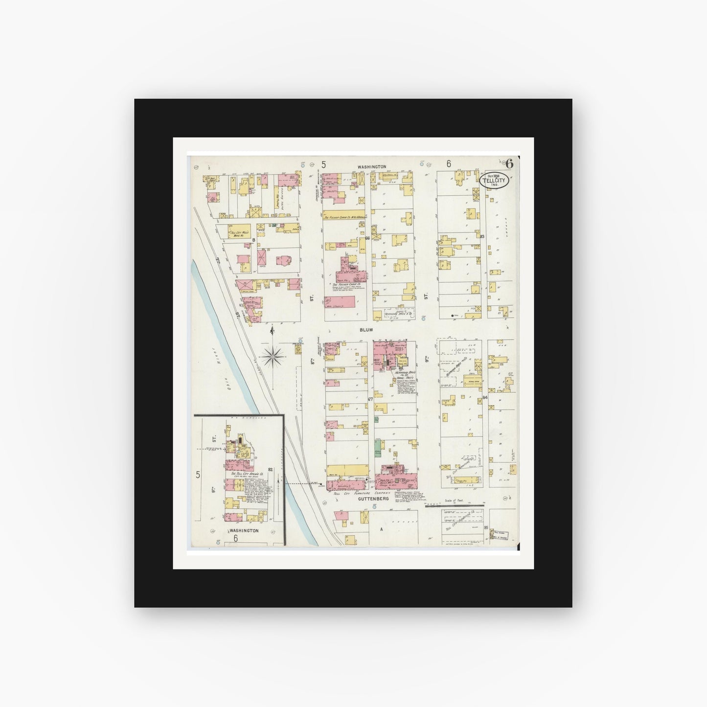 Old map wall art mockup — black gallery frame with white mat — Sanborn Fire Insurance Map from Tell City, Perry County, Indiana (1898), Sheet #0006