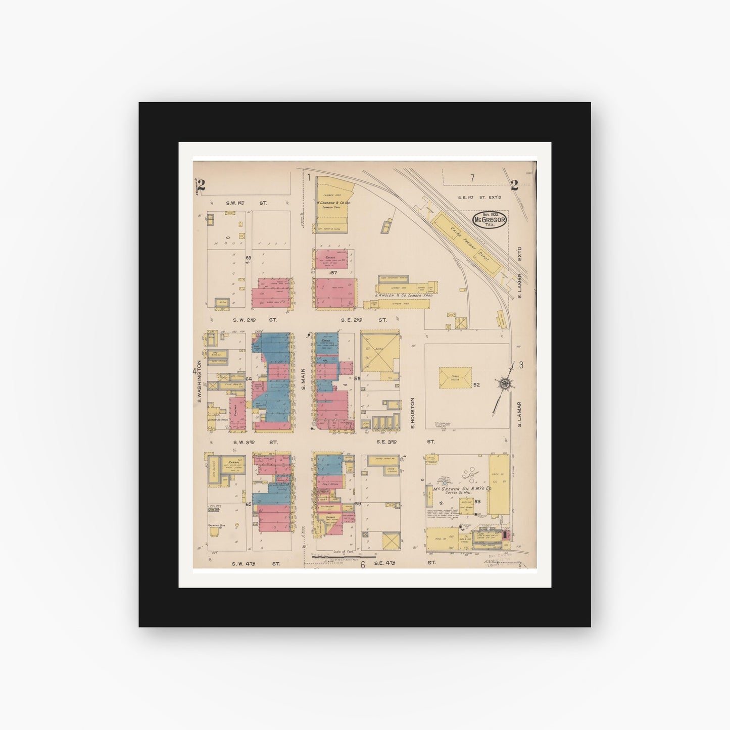 Old map wall art mockup — black gallery frame with white mat — Sanborn Fire Insurance Map from McGregor, McLennan County, Texas (1922), Sheet #0002