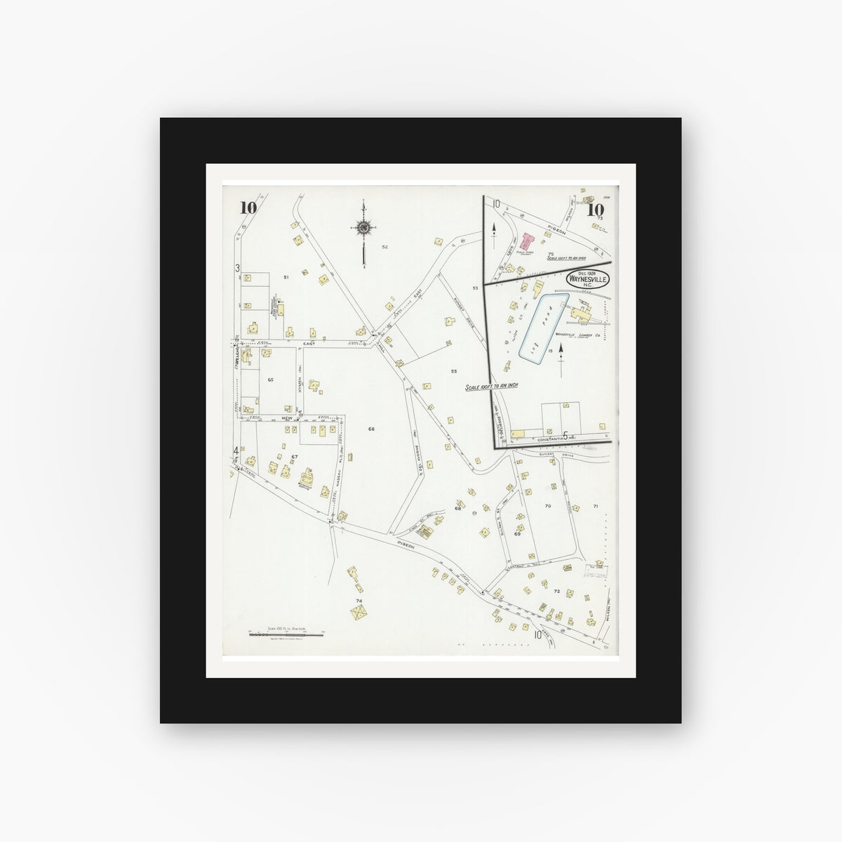 Old map wall art mockup — black gallery frame with white mat — Sanborn Fire Insurance Map from Waynesville, Haywood County, North Carolina (1924), Sheet #0010