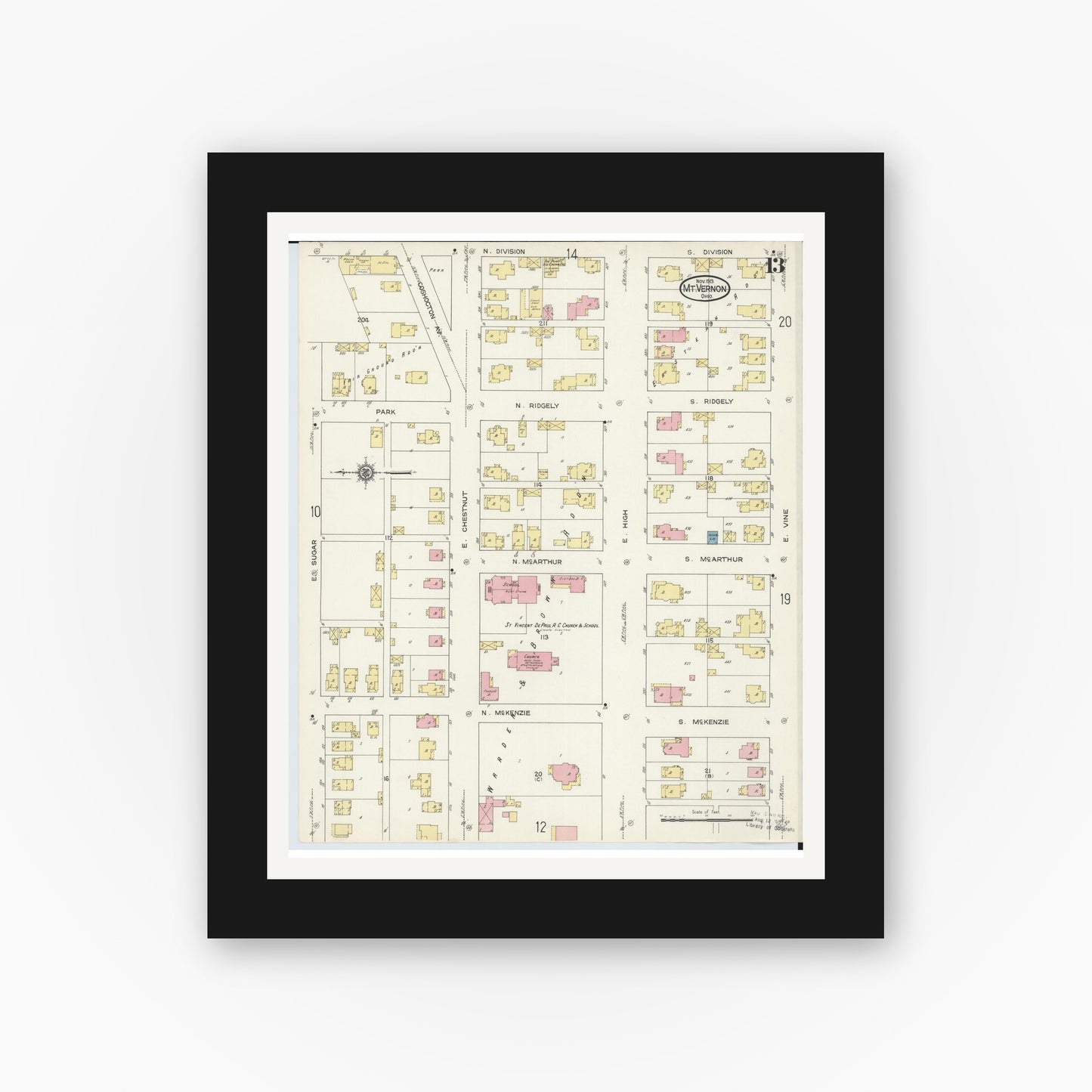 Old map wall art mockup — black gallery frame with white mat — Sanborn Fire Insurance Map from Mount Vernon, Knox County, Ohio (1913), Sheet #0013