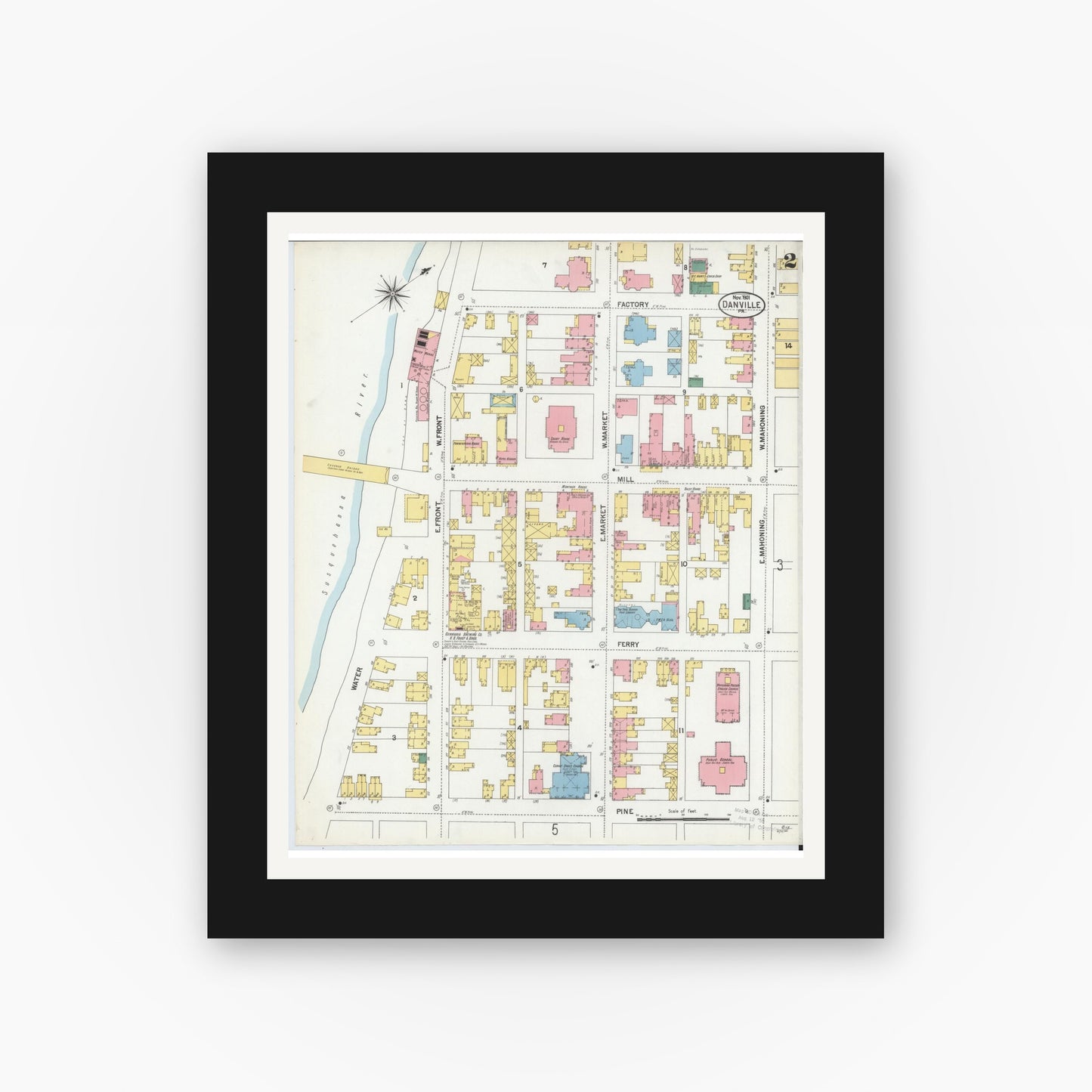 Old map wall art mockup — black gallery frame with white mat — Sanborn Fire Insurance Map from Danville, Montour County, Pennsylvania (1901), Sheet #0002
