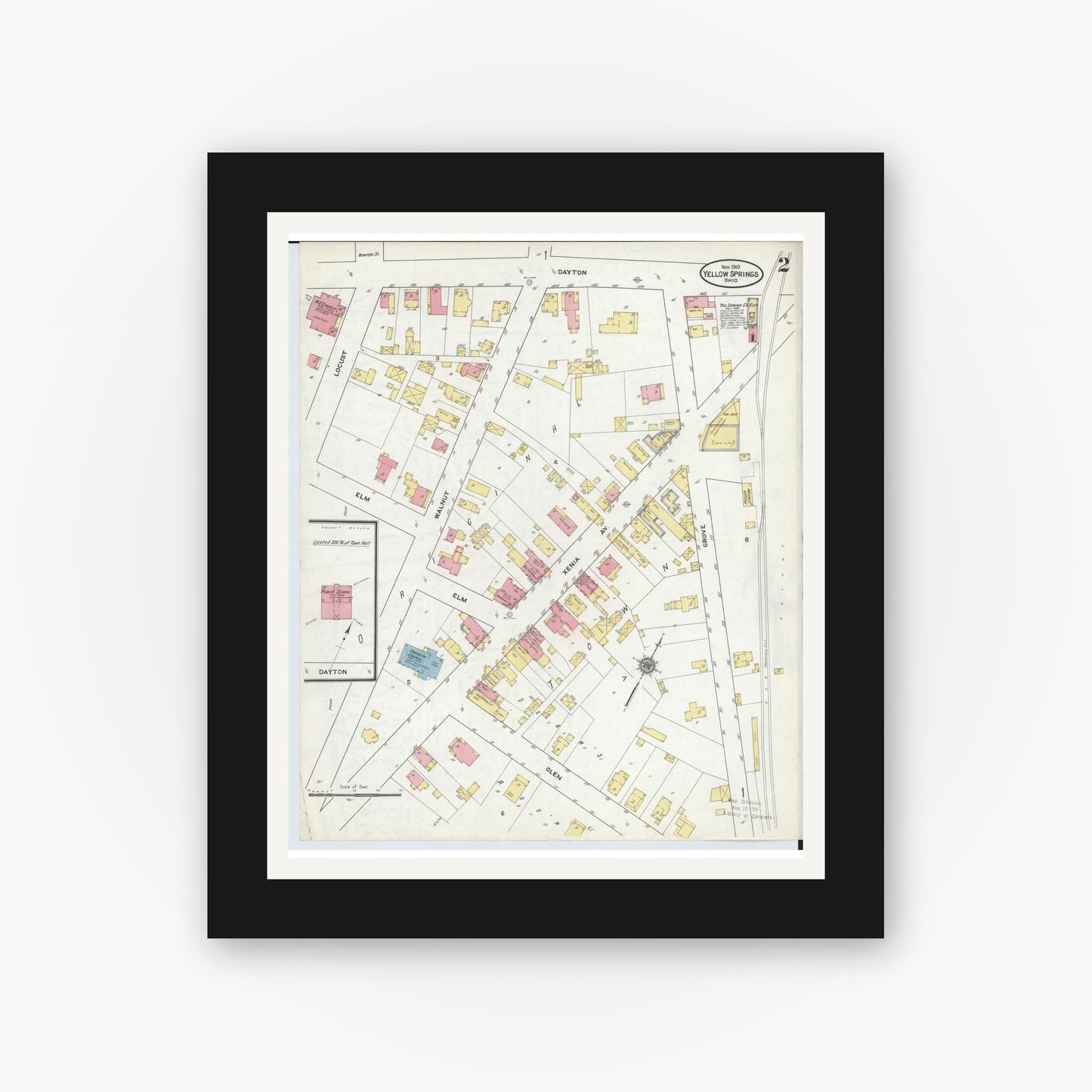 Old map wall art mockup — black gallery frame with white mat — Sanborn Fire Insurance Map from Yellow Springs, Greene County, Ohio (1910), Sheet #0002