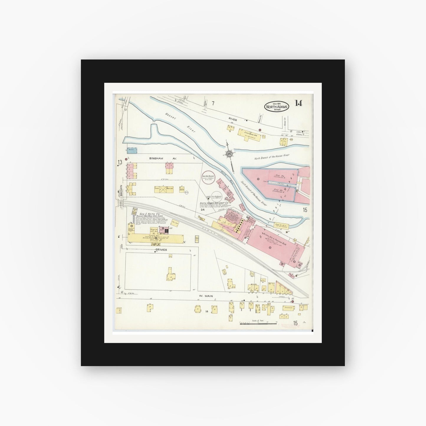 Old map wall art mockup — black gallery frame with white mat — Sanborn Fire Insurance Map from North Adams, Berkshire County, Massachusetts (1914), Sheet #0014