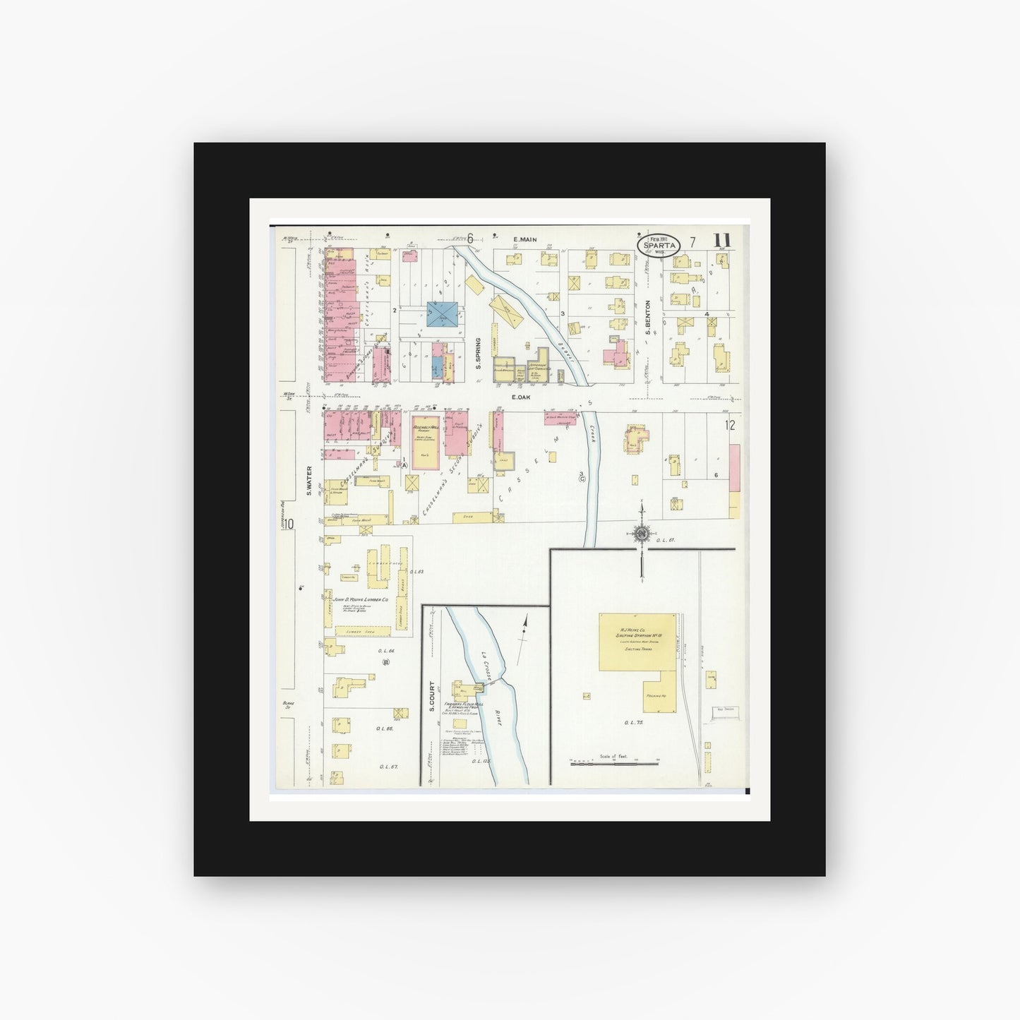 Old map wall art mockup — black gallery frame with white mat — Sanborn Fire Insurance Map from Sparta, Monroe County, Wisconsin (1911), Sheet #0011