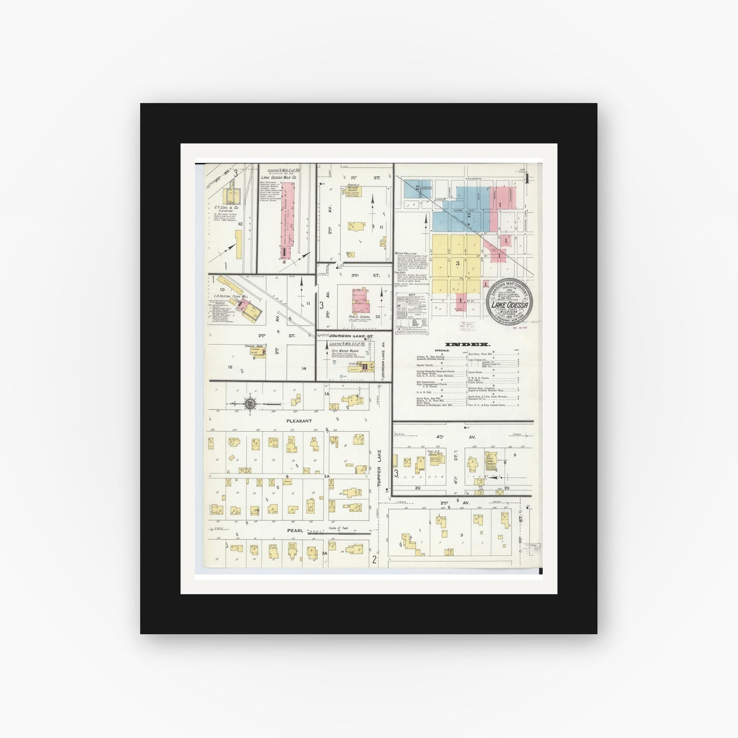 Old map wall art mockup β black gallery frame with white mat β Sanborn Fire Insurance Map from Lake Odessa, Ionia County, Michigan (1910) - Complete Map Set