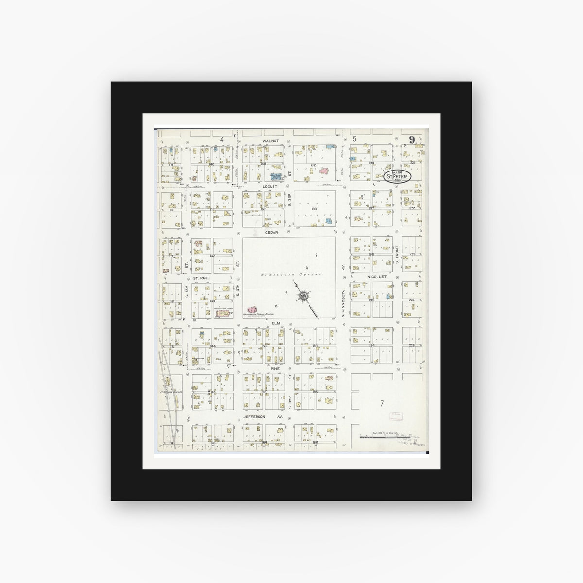 Old map wall art mockup — black gallery frame with white mat — Sanborn Fire Insurance Map from Saint Peter, Nicollet County, Minnesota (1914), Sheet #0009