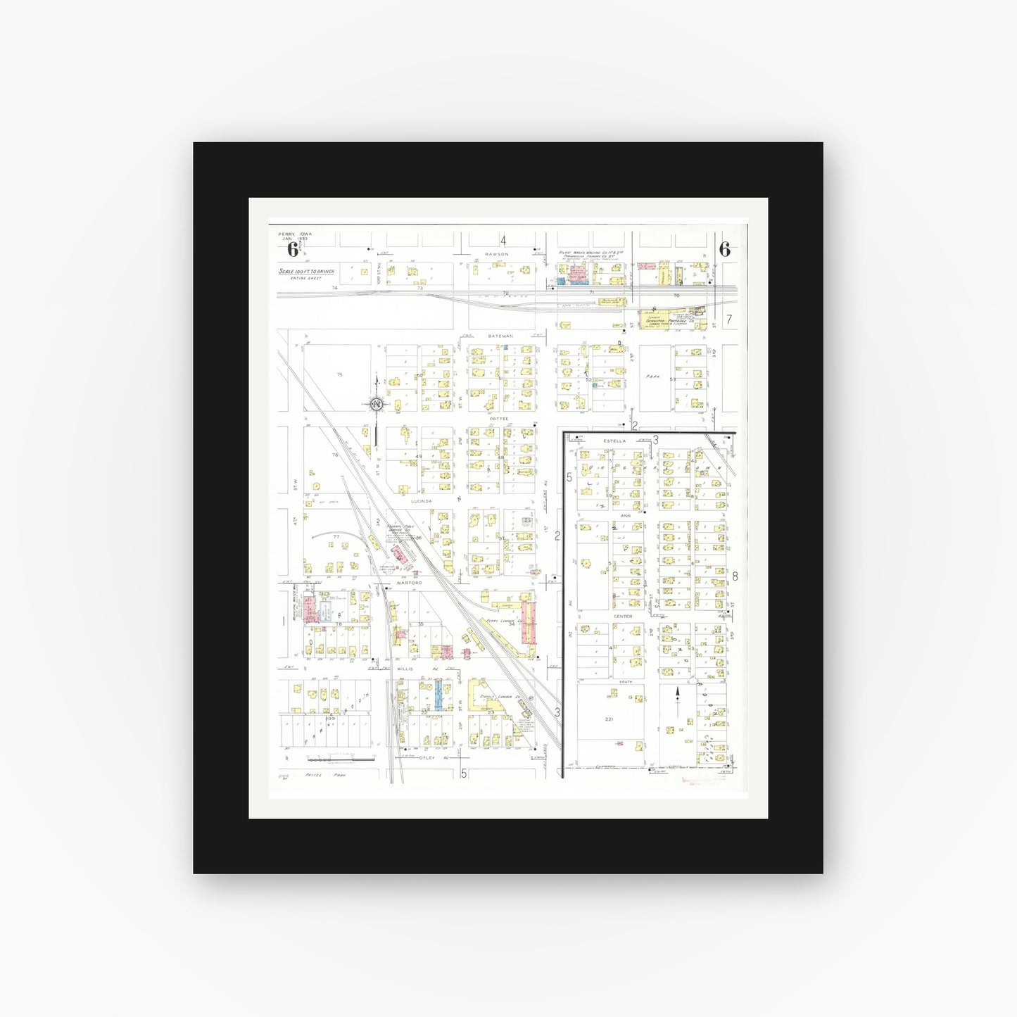 Old map wall art mockup — black gallery frame with white mat — Sanborn Fire Insurance Map from Perry, Dallas County, Iowa (1933), Sheet #0006
