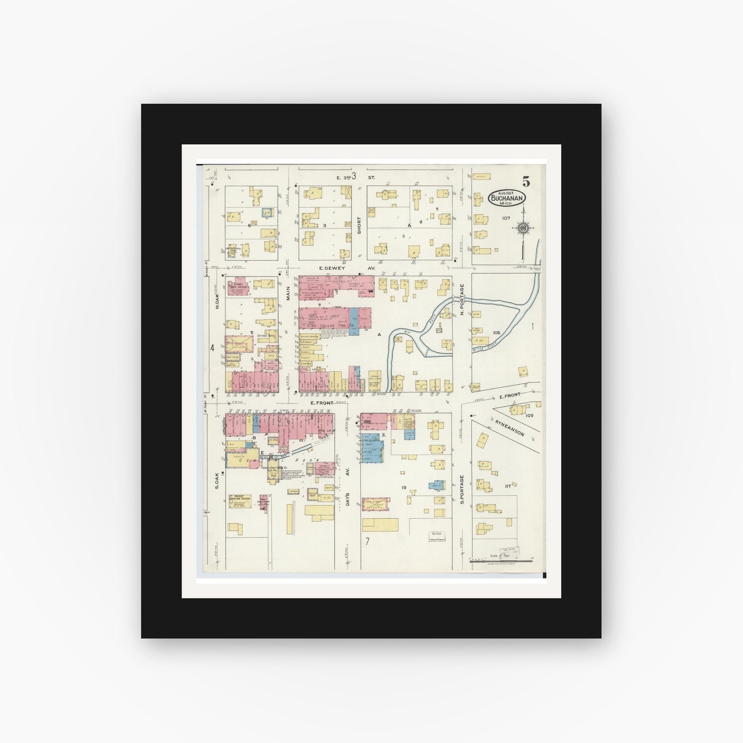 Old map wall art mockup — black gallery frame with white mat — Sanborn Fire Insurance Map from Buchanan, Berrien County, Michigan (1917), Sheet #0005
