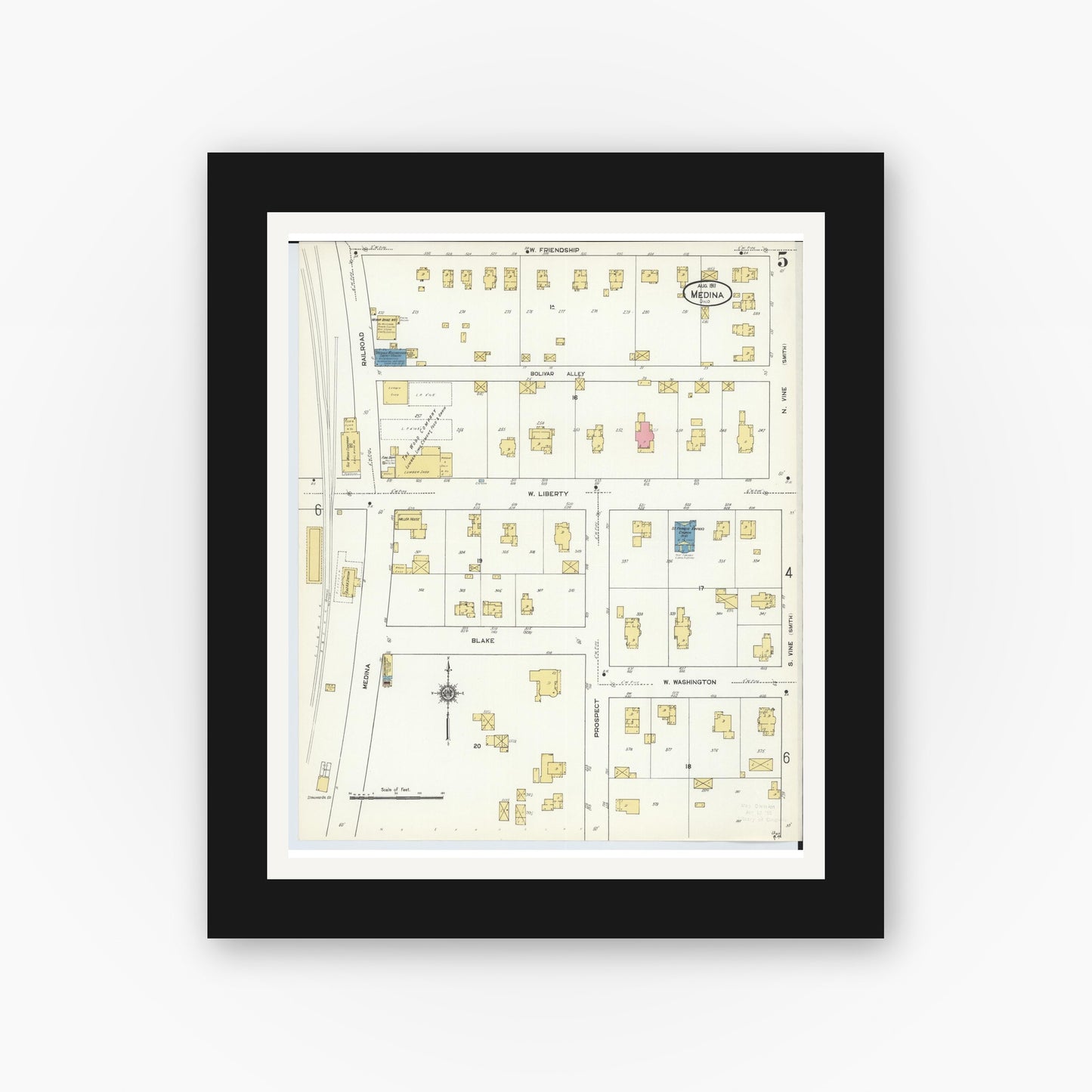 Old map wall art mockup — black gallery frame with white mat — Sanborn Fire Insurance Map from Medina, Medina County, Ohio (1911), Sheet #0005