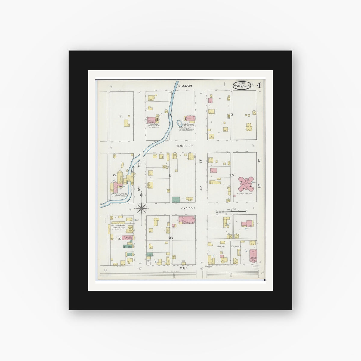 Old map wall art mockup — black gallery frame with white mat — Sanborn Fire Insurance Map from Vandalia, Fayette County, Illinois (1893), Sheet #0004