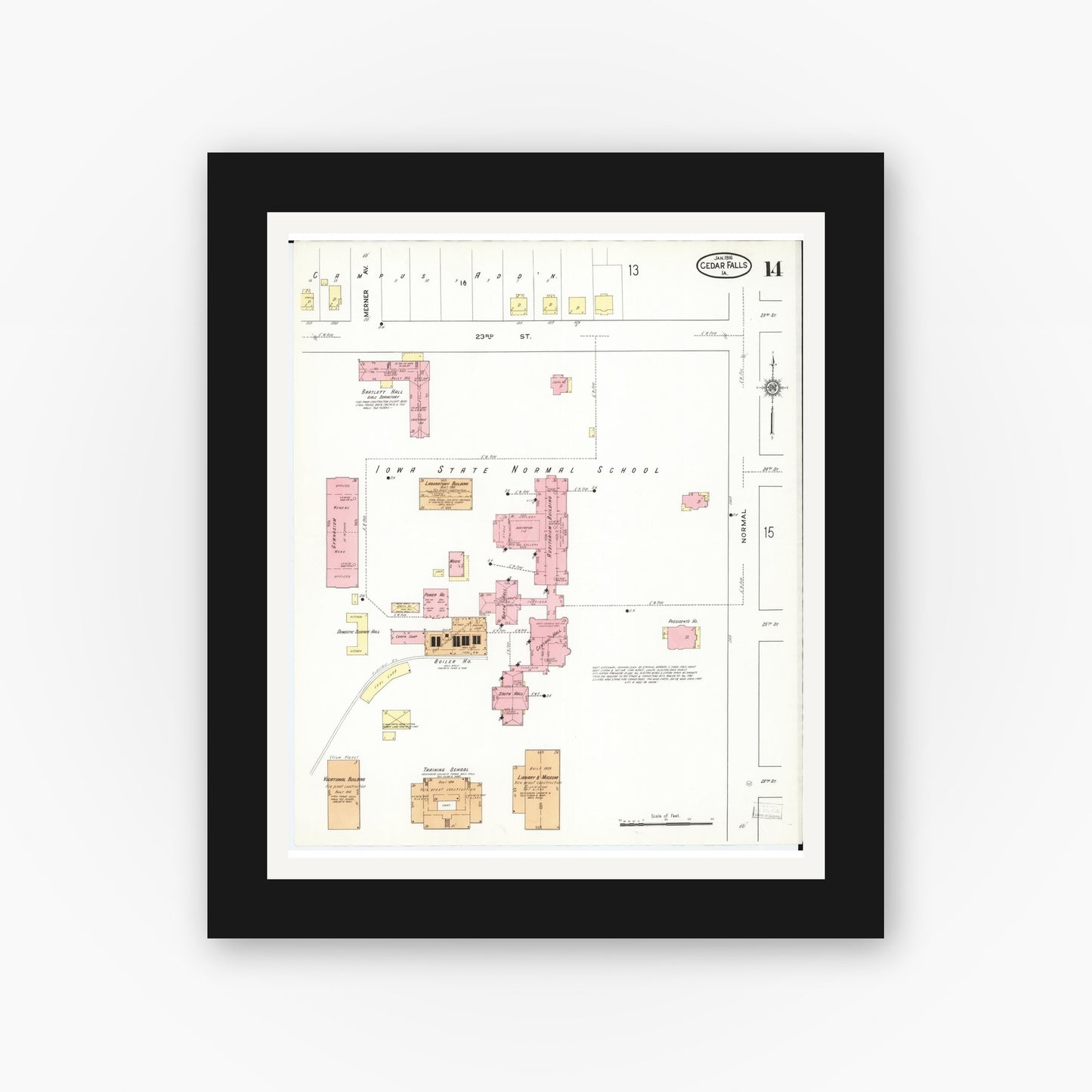 Old map wall art mockup — black gallery frame with white mat — Sanborn Fire Insurance Map from Cedar Falls, Black Hawk County, Iowa (1916), Sheet #0014