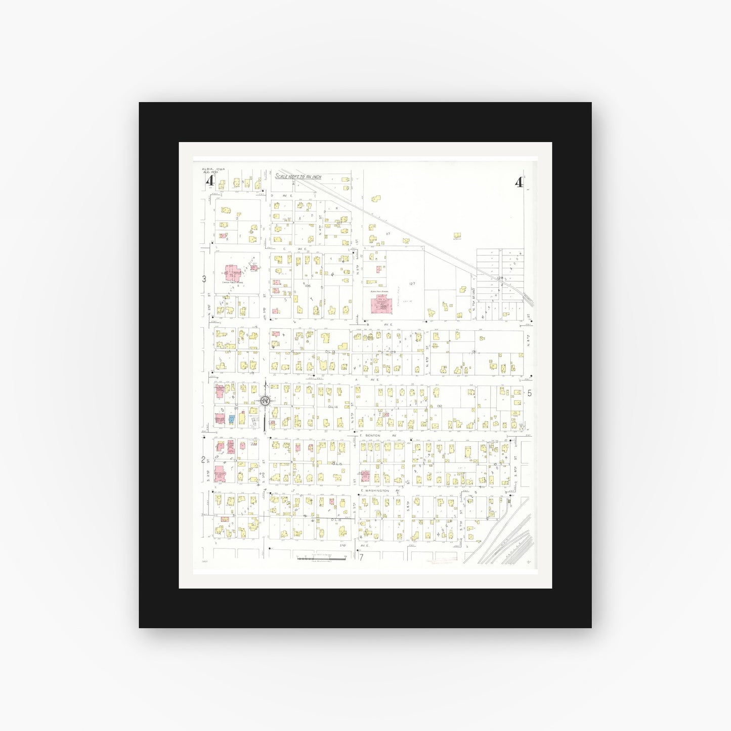 Old map wall art mockup — black gallery frame with white mat — Sanborn Fire Insurance Map from Albia, Monroe County, Iowa (1933), Sheet #0004