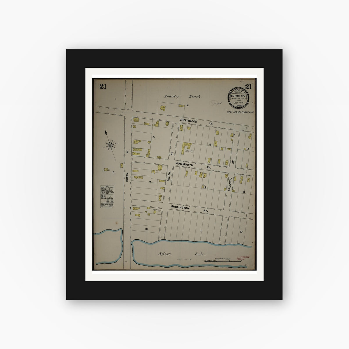 Old map wall art mockup — black gallery frame with white mat — Sanborn Fire Insurance Map from New Jersey Coast, New Jersey Coast, New Jersey (1890), Sheet #0021