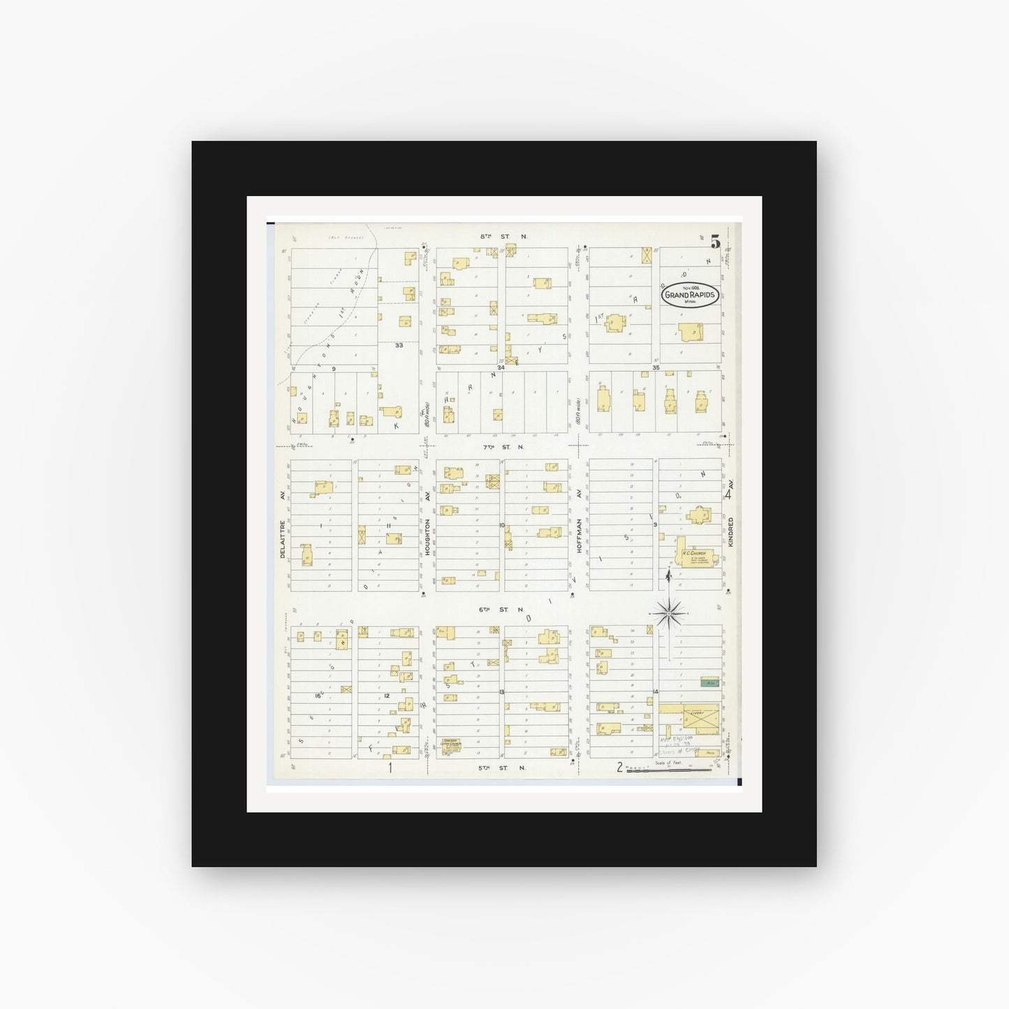 Old map wall art mockup — black gallery frame with white mat — Sanborn Fire Insurance Map from Grand Rapids, Itasca County, Minnesota (1908), Sheet #0005