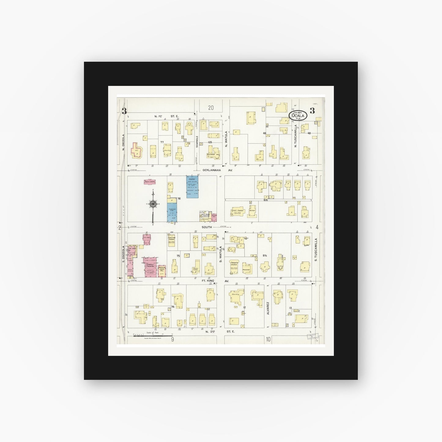 Old map wall art mockup — black gallery frame with white mat — Sanborn Fire Insurance Map from Ocala, Marion County, Florida (1924), Sheet #0003