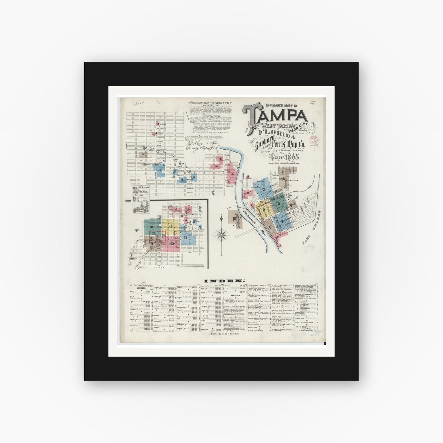 Old map wall art mockup — black gallery frame with white mat — Sanborn Fire Insurance Map from Tampa, Hillsborough County, Florida (1895), Sheet #0005