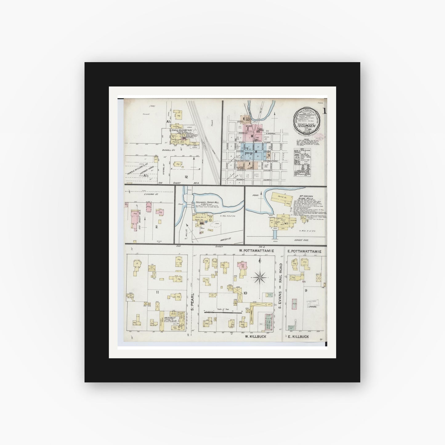 Old map wall art mockup β black gallery frame with white mat β Sanborn Fire Insurance Map from Tecumseh, Lenawee County, Michigan (1888) - Complete Map Set