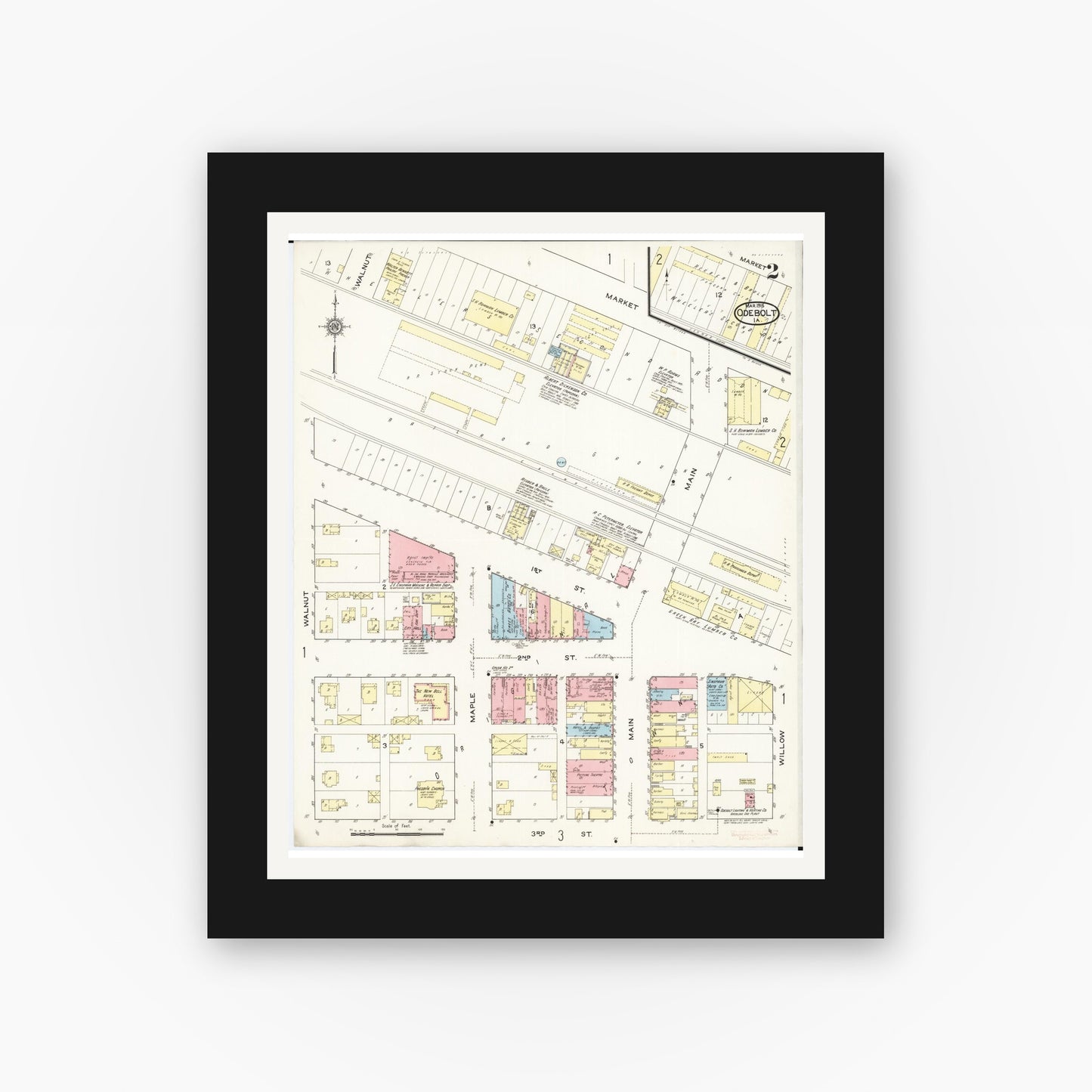 Old map wall art mockup β black gallery frame with white mat β Sanborn Fire Insurance Map from Odebolt, Sac County, Iowa (1915), Sheet #0002