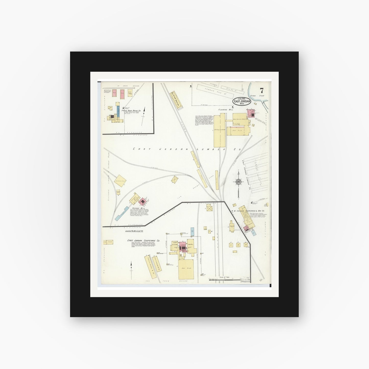 Old map wall art mockup — black gallery frame with white mat — Sanborn Fire Insurance Map from East Jordan, Charlevoix County, Michigan (1912), Sheet #0007